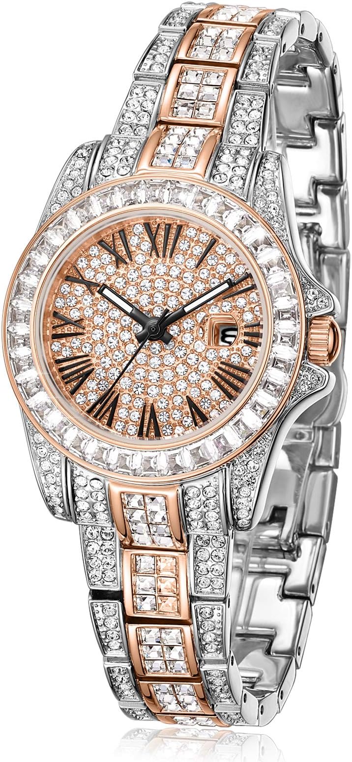 Gift for Her Crystal Watches for Women, Womens Watches Diamonds, Crystal Accented Two-Tone Crystal Dial Dress Watch with Date Rose Gold Bracelet Watch Japanese Quartz Movement