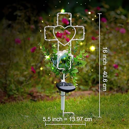 Miniatura 10 de Joyathome Luces solares de 16 pulgadas con 3 flores artificiales, arte de jardín de metal para patio, césped, jardín, decoración solar al aire libre