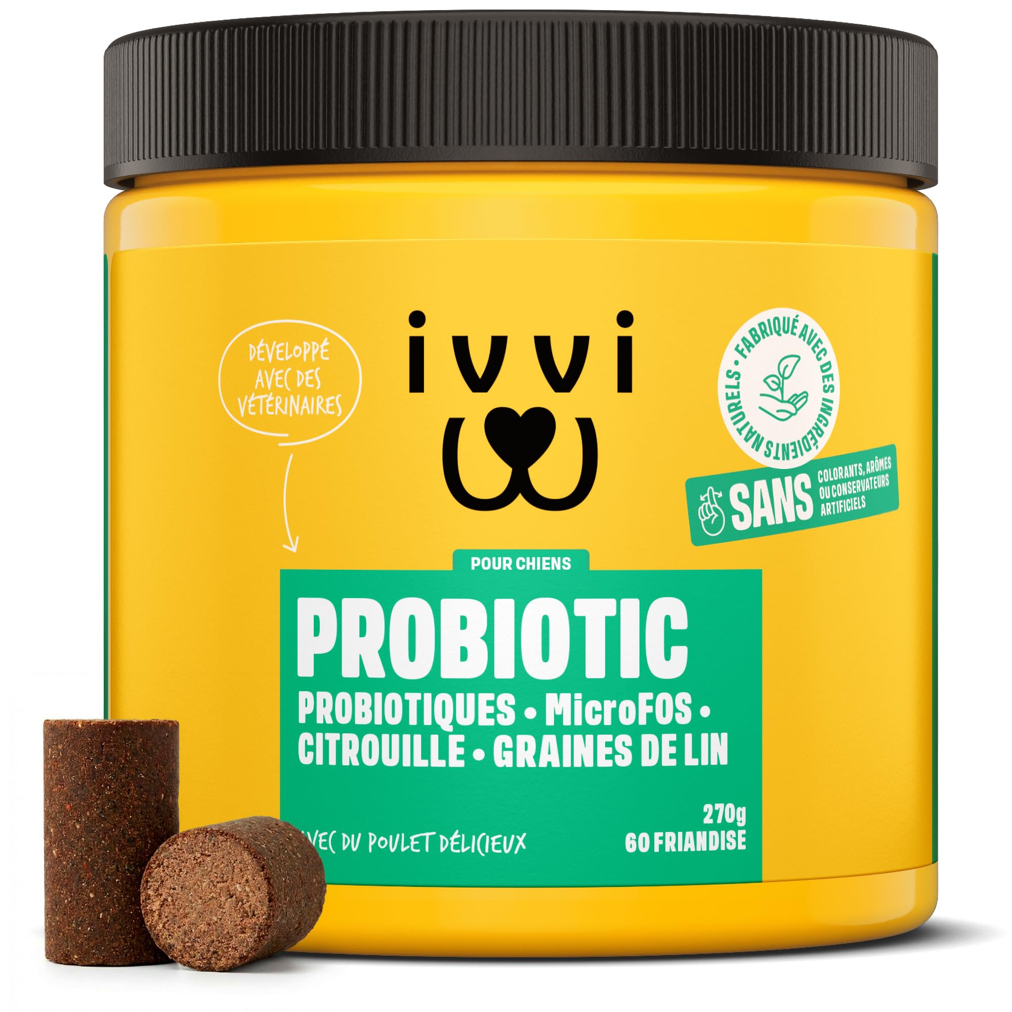 ivvi Probiotic pour Chien - Complément Alimentaire pour Bien-Être Digestif | Probiotiques, Citrouille, Avoine, Graines de Lin et de Courge, 60 Délicieuses Friandises au Poulet, 270g