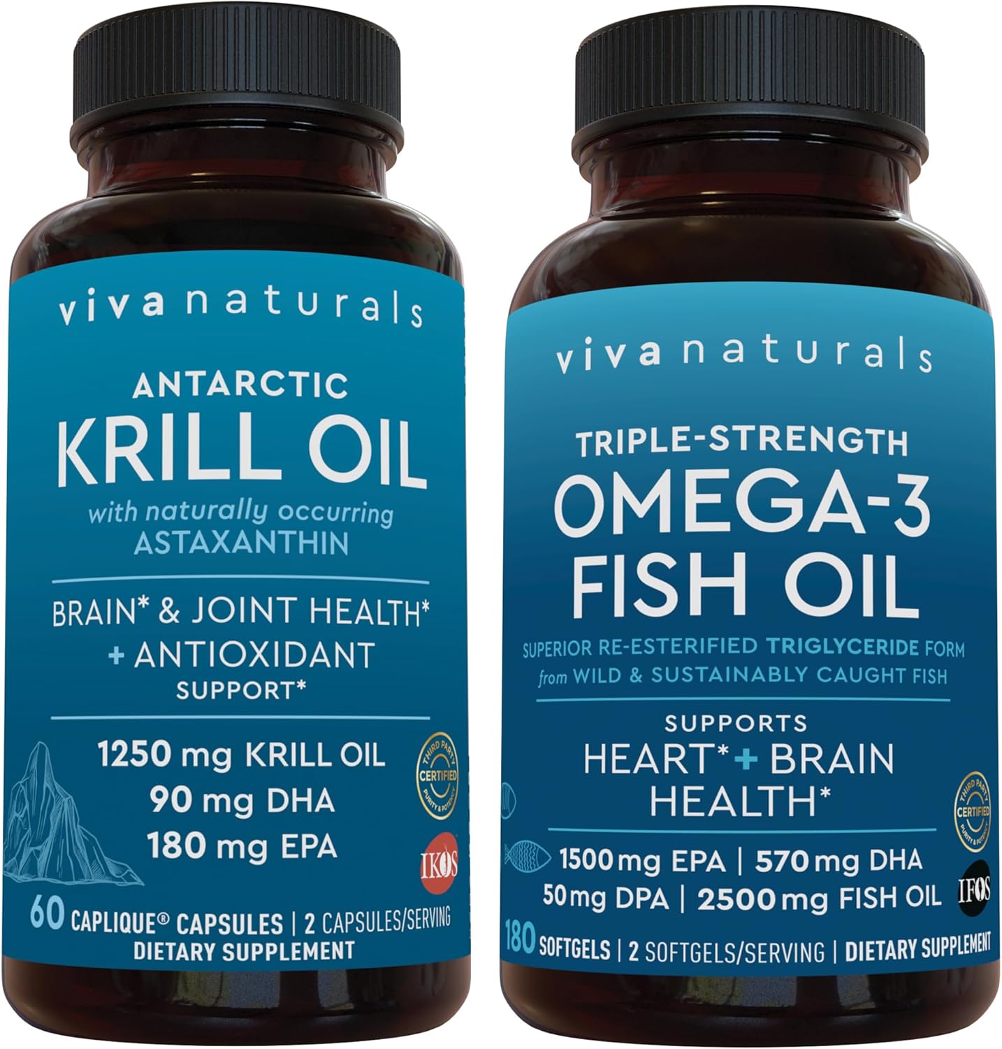 Viva Naturals 1250 mg Antarctic Krill Oil and 2,500 mg Triple-Strength Omega-3 Fish Oil Bundle, Providing Omega-3 EPA and DHA