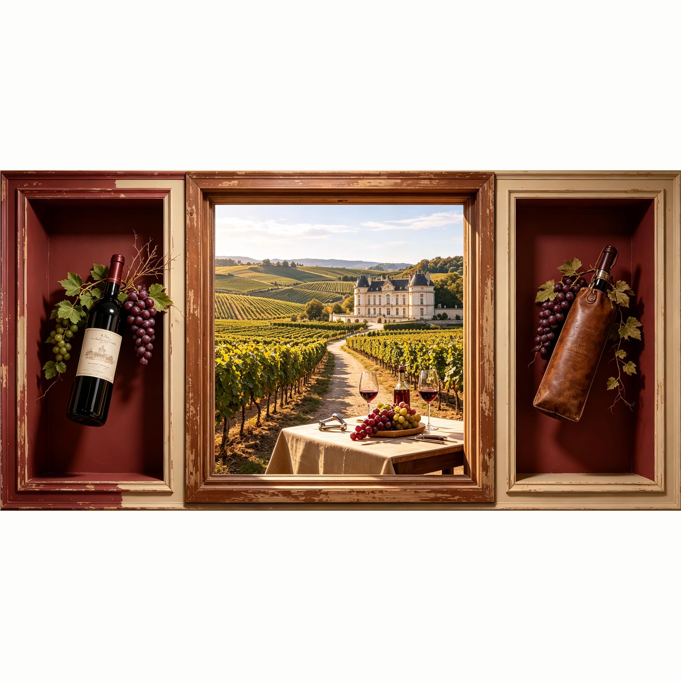 QZLITHOTIC 50x100cm 3D Framed Wall Art， Vineyard Wine Estate Landscape Self‑Adhesive Mural， Water‑Activated Peel & Stick Fabric Decor Wall Decal for Bedroom Living Room
