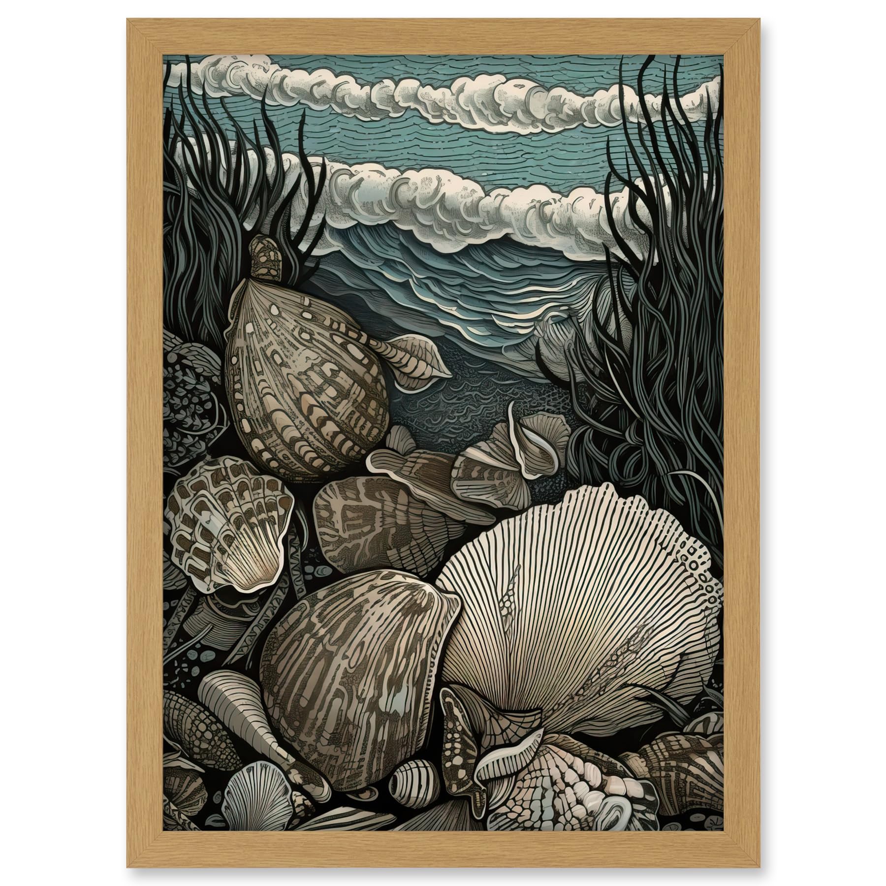 Artery8 Seashells by the Shore Modern Coastal Illustration Artwork Framed A3 Wall Art Print