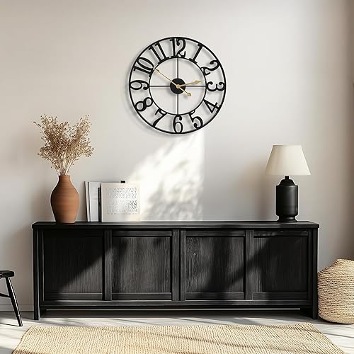 Miniatura 9 de Relojes de pared grandes para decoración de sala de estar, 16 pulgadas, redondo, de metal negro, silencioso, sin tictac, funciona con pilas, números