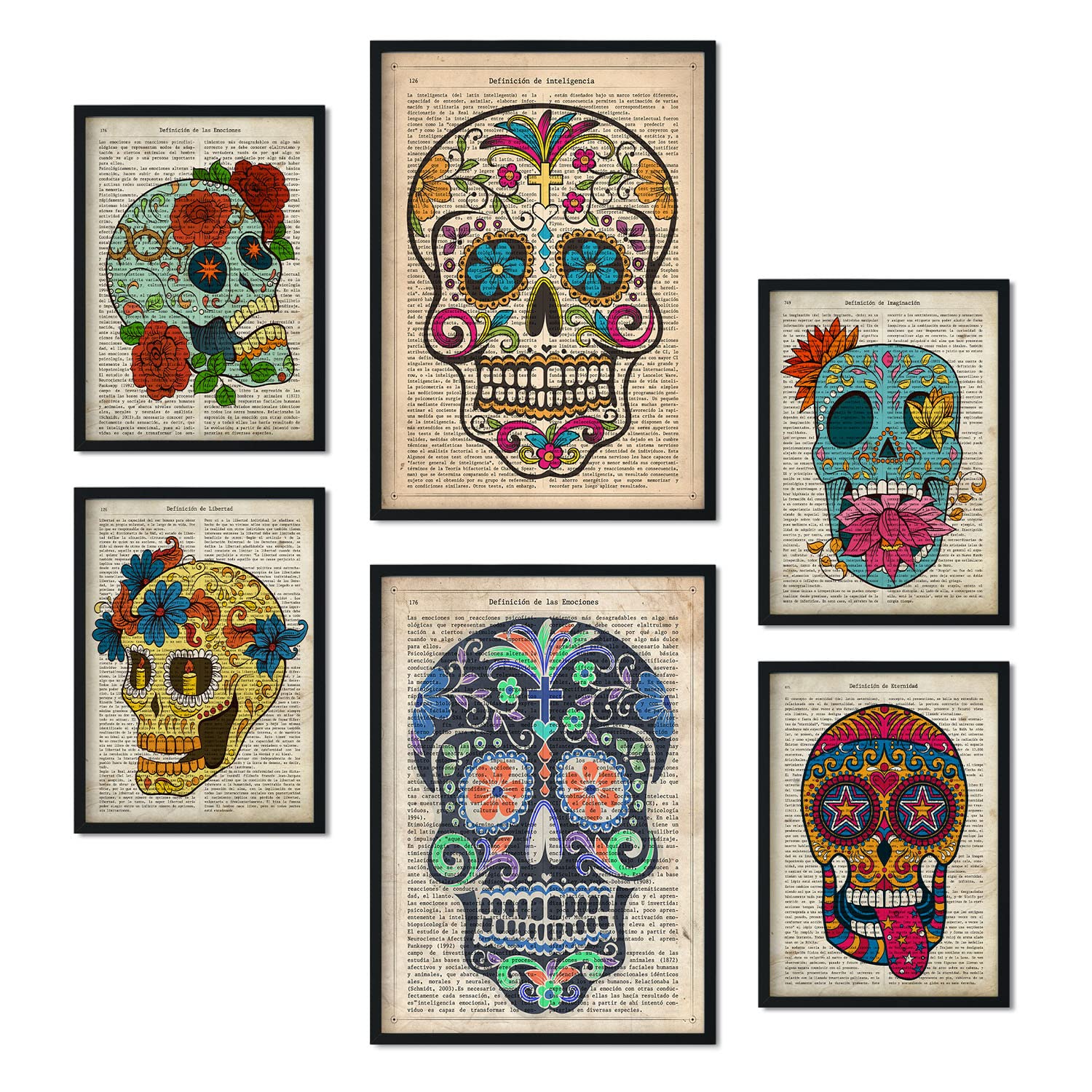 Nacnic Vintage Skulls Set Of 6 Posters. Collection Of Plates With Aesthetic Collage For Interior Decoration. Sizes A3 And A4. Frameless.