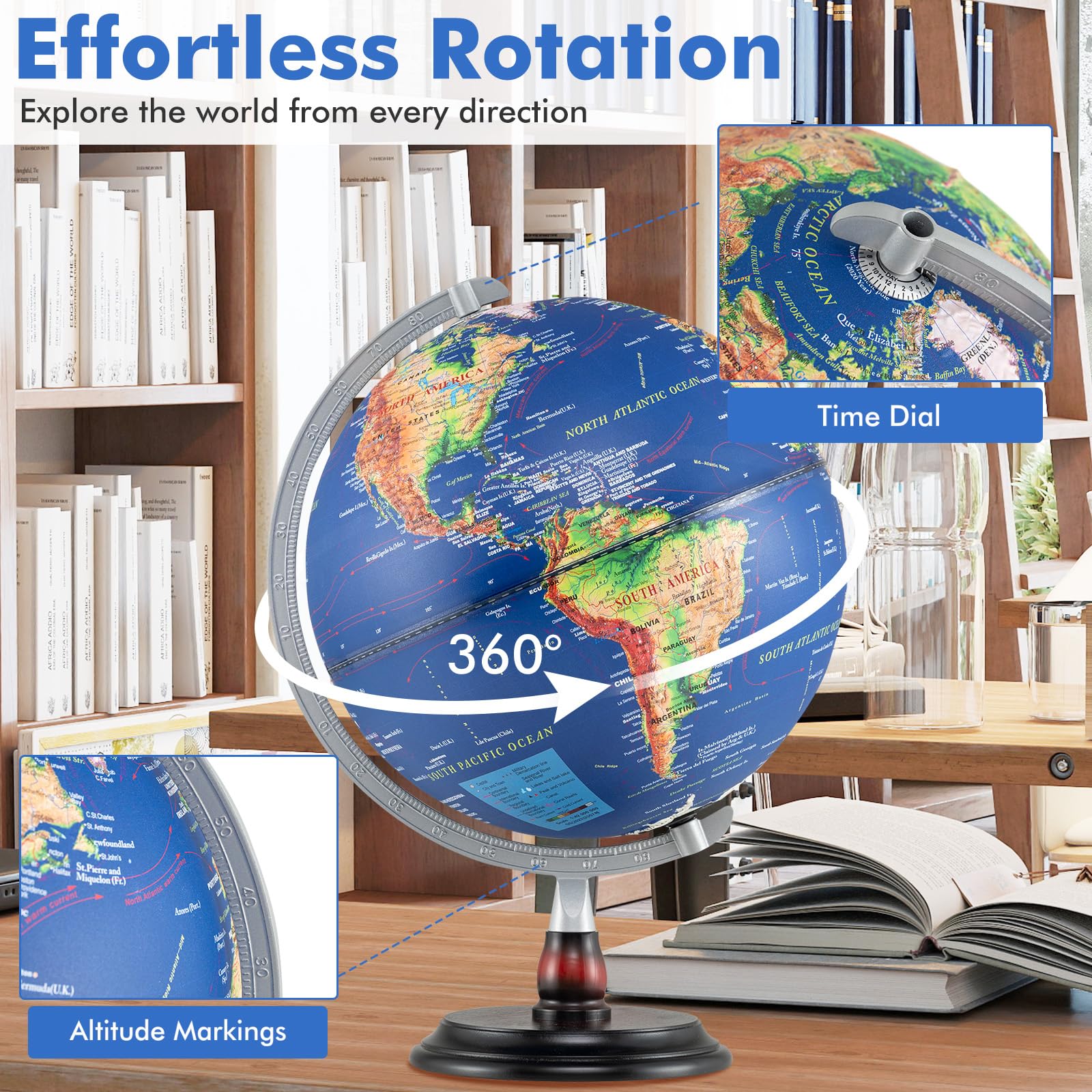 LIFEZEAL 30 cm Globo Terrestre illuminato con illuminazione a LED,Globo da ufficio educativo con rilievo geografico e fusi orari, Gobe geografico con base in legno stabile per studio e decorazione I