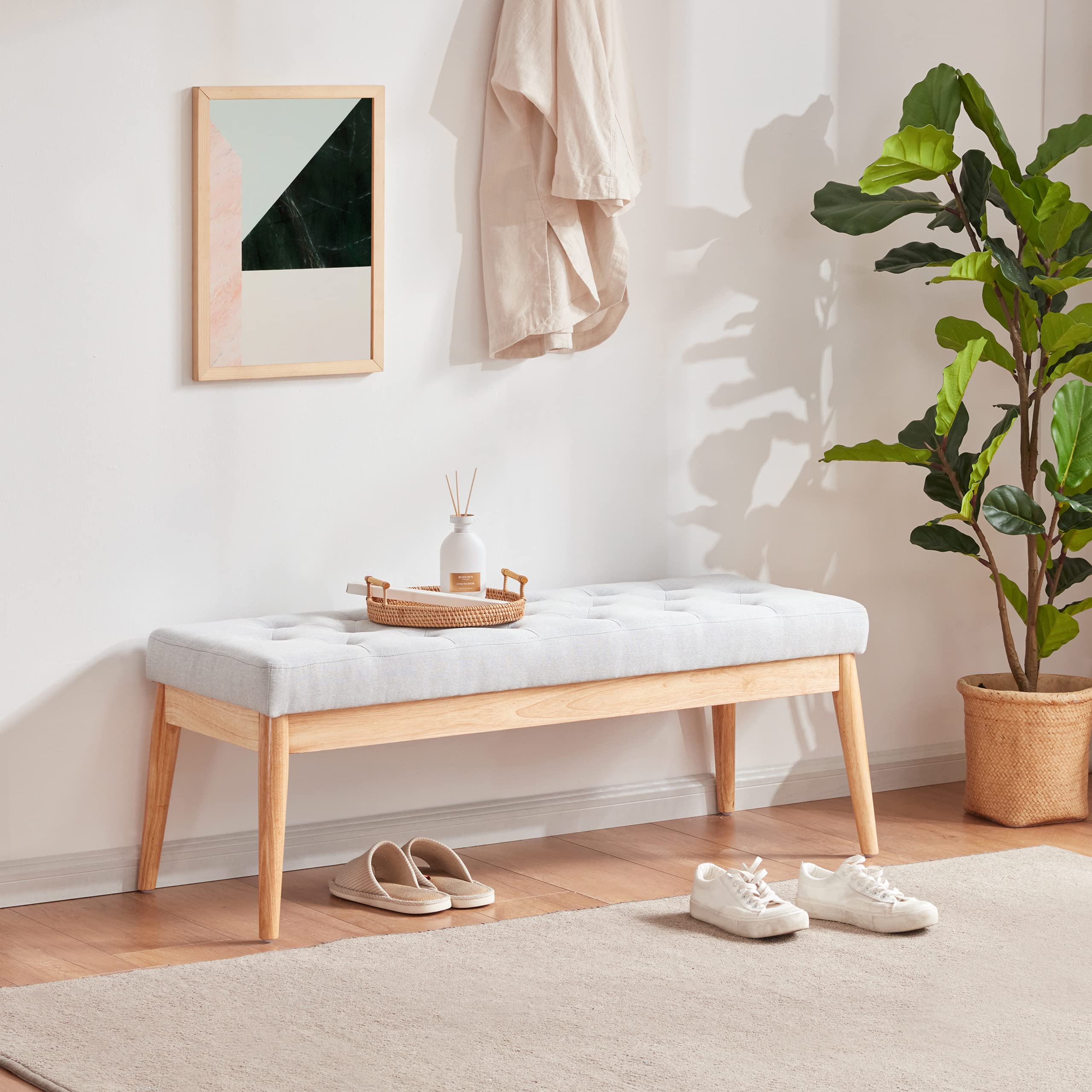 KingfunTbfit Extra-Long Bed Upholstered Tufted Bench Seat for Bedroom, Buttoned Rectangle Vanity Dining Bench, Wood Entryway Bench with Sturdy Wooden Legs, Gray