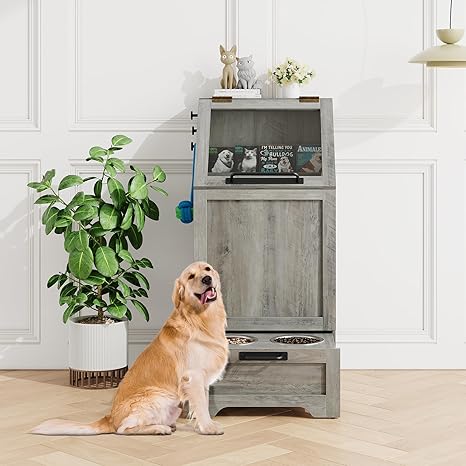 Dog Feeding Station with 2 Elevated Dog Bowls, Pet Feeding Station,Flip Top Pet Food Cabinet,Pet Food Container,Pet Toy Storage Organizer,Modern Storage Organizer,Grey