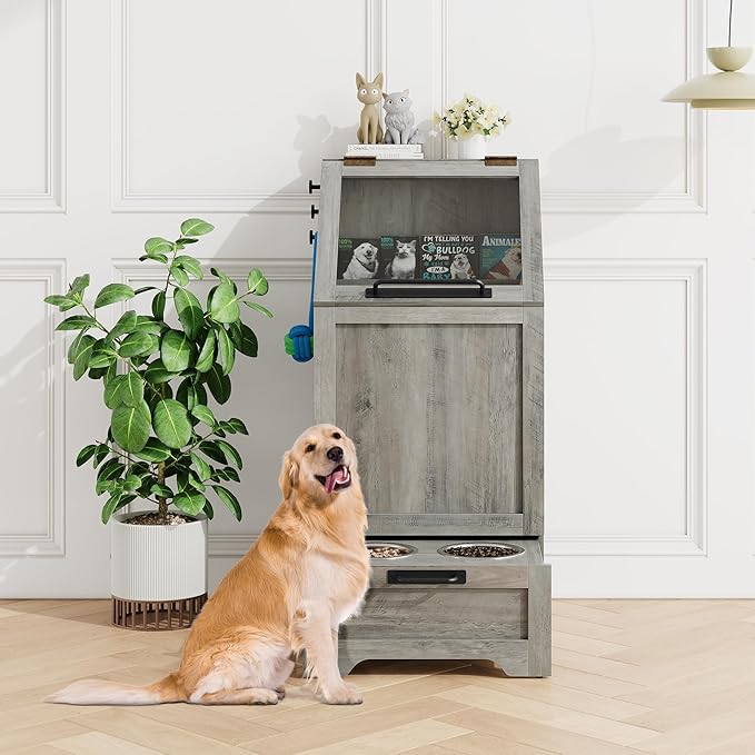 Dog Feeding Station with 2 Elevated Dog Bowls, Pet Feeding Station,Flip Top Pet Food Cabinet,Pet Food Container,Pet Toy Storage Organizer,Modern Storage Organizer,Grey