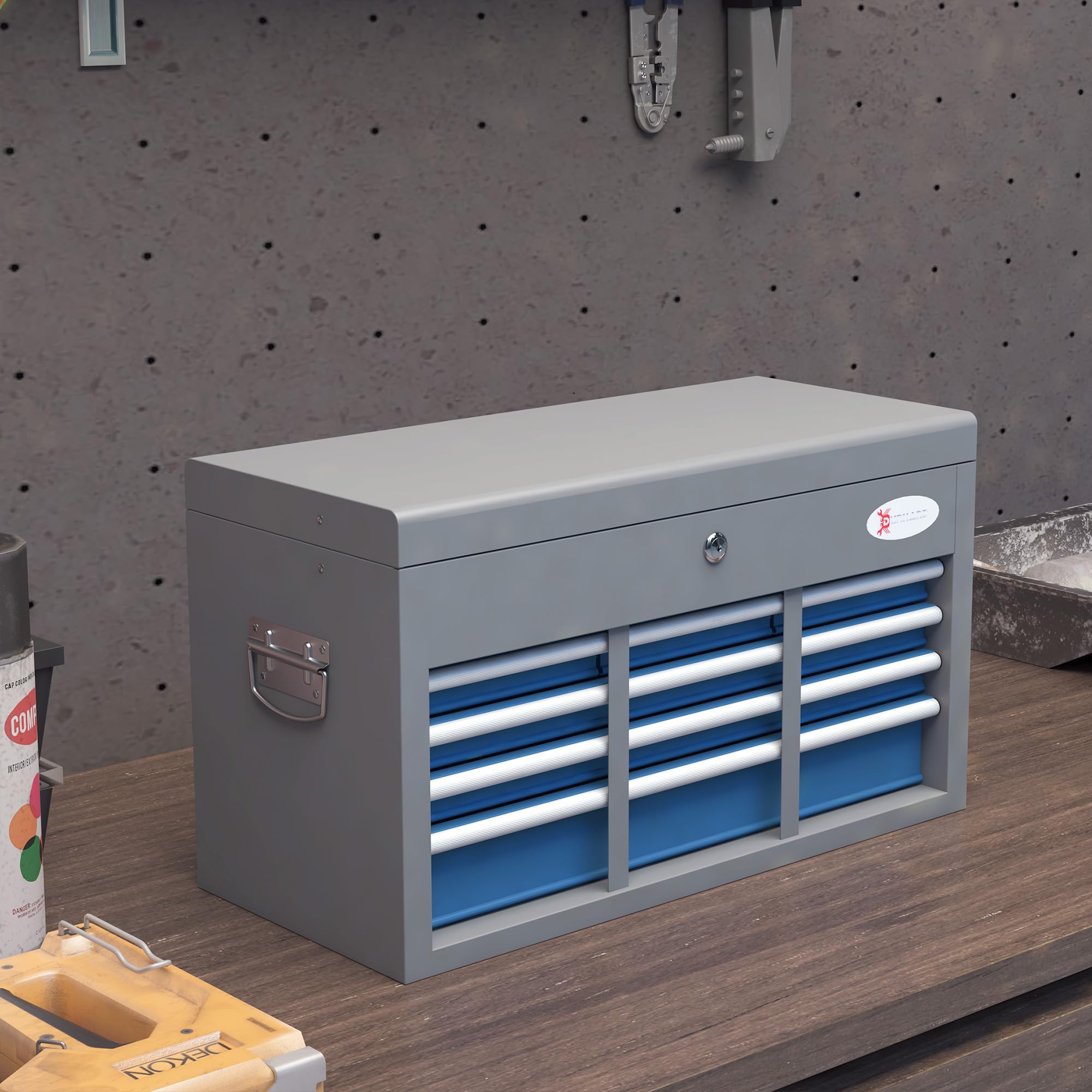 DURHAND Caisse Boite à Outils en métal avec 6 tiroirs et 1 Plateau supérieur, verrouillable avec 2 clés fournies, 2 poignées, Bleu