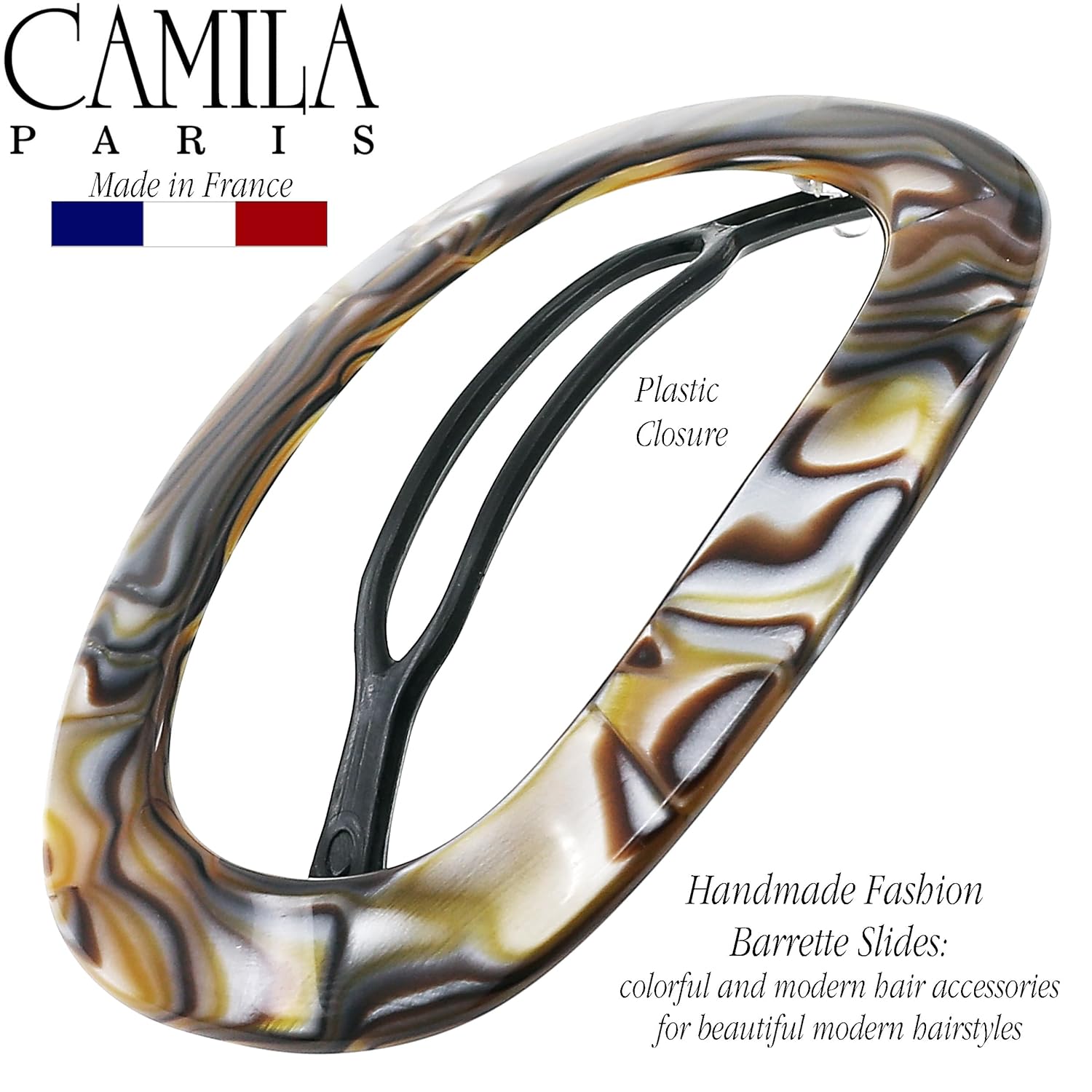 Camila Paris CP3355 French Hair Barrette Clip for Women, Handmade, Onyx, Slide-in Metal-Free Closure, Strong Hold Grip Hair Clips for Girls, No Slip Durable Styling Hair Accessories, Made in France