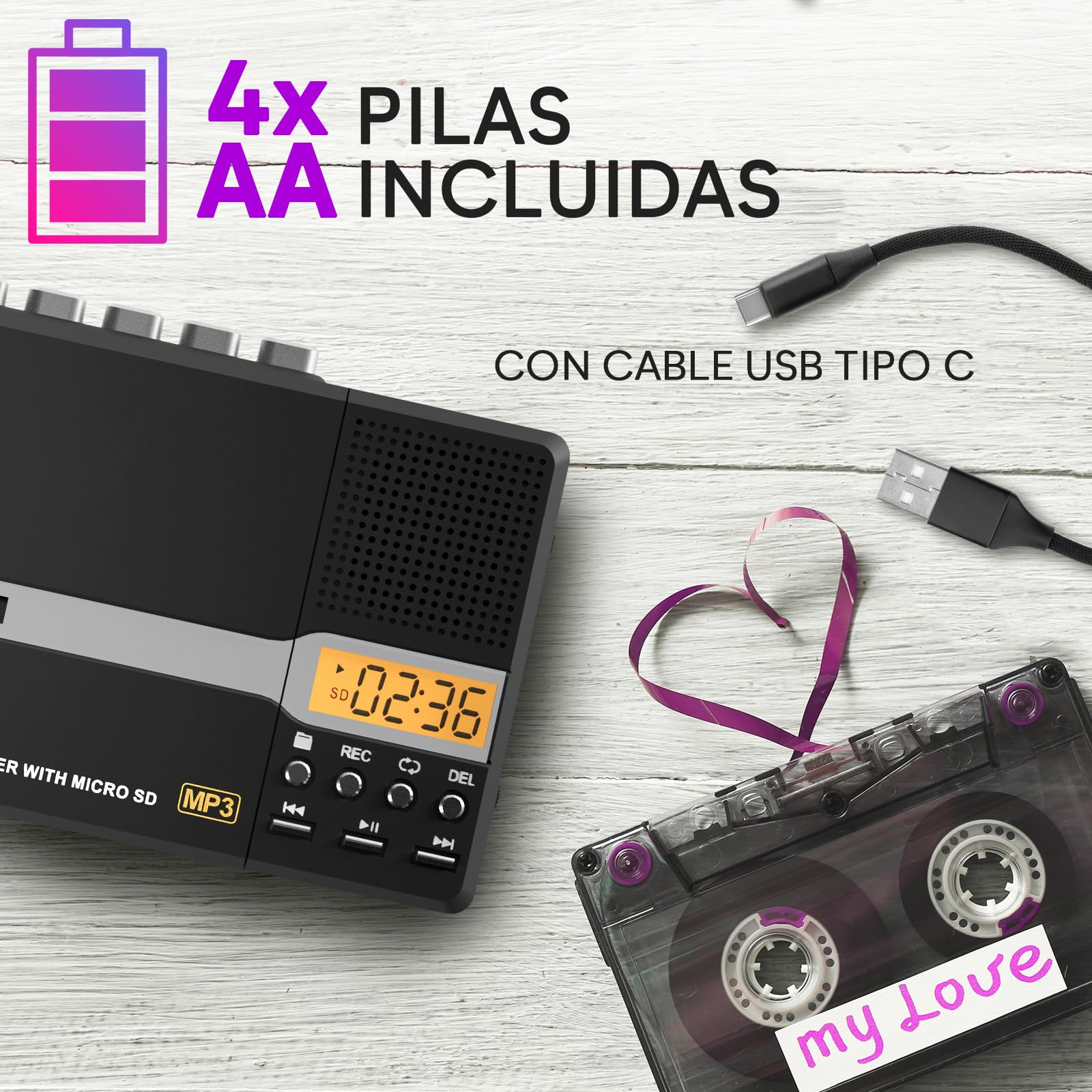 KLIM K10 Reproductor Cassette Portátil & Grabadora Cassette & Convertidor a MP3 + Micrófono & Altavoz Integrados + Transferencia USB PC + Pilas/USB + Tarjeta SD 8GB + Auriculares - Negro