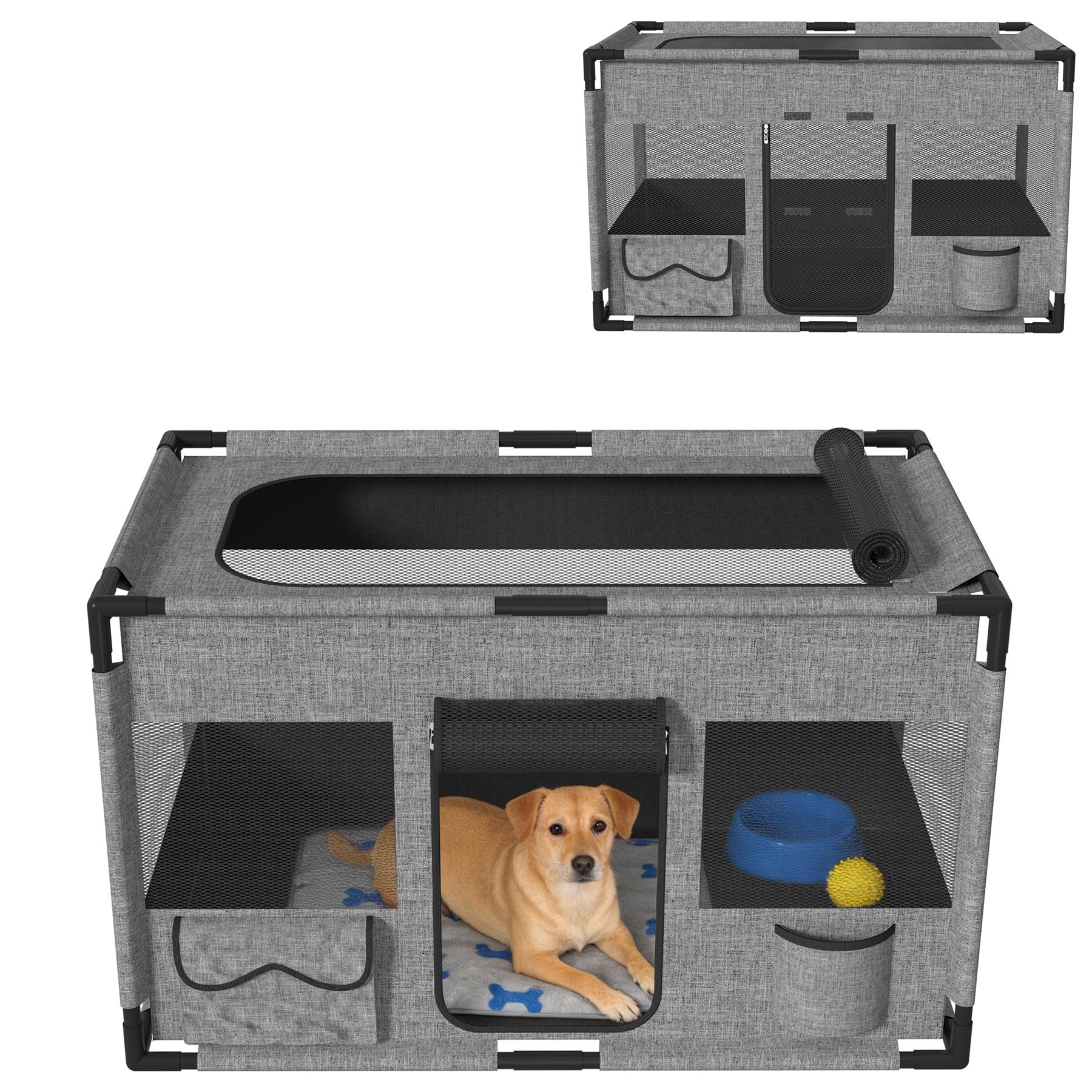 Froadp Mobiler Welpenauslauf Hundekäfig aus 600D Oxford Stoff mit PVC-Rahmen, Faltbares Tierlaufgitter für Hunde & Katzen, Tierlaufstall mit Reißverschlusstür und Oberer Öffnung, Grau – Rechteckig L