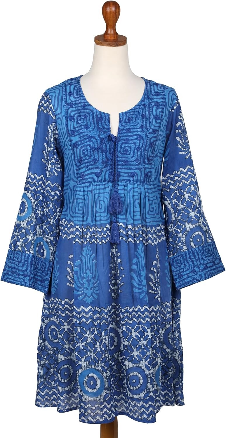 NOVICA Embroidered Cotton A-line Dress, 'Heavenly Blue'