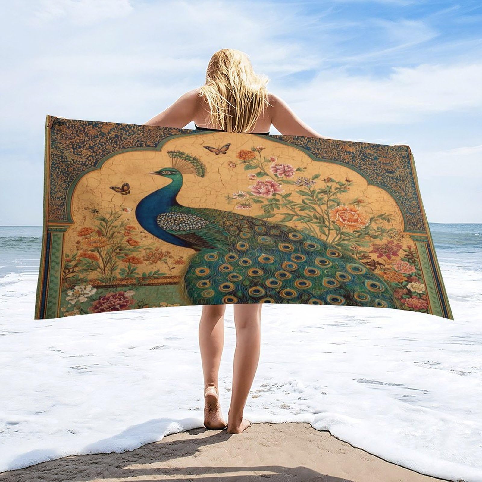 Luyysky Beautiful Boho Elegant Peacock Quick-Drying Beach Towel, Classic Abstract Animal Butterflies Peacock Botanical Flowers Travel Vacation Single Sided Pile Bathroom Towels-80 W Cm X 160" L Cm