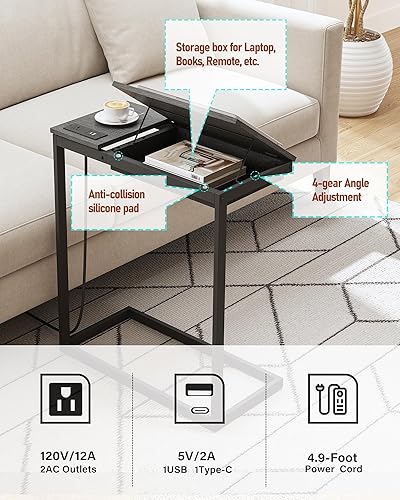Miniatura 5 de TUTOTAK Mesa auxiliar en forma de C con estación de carga para sofá, mesa auxiliar inclinable en forma de C con bolsa de almacenamiento, bandeja de