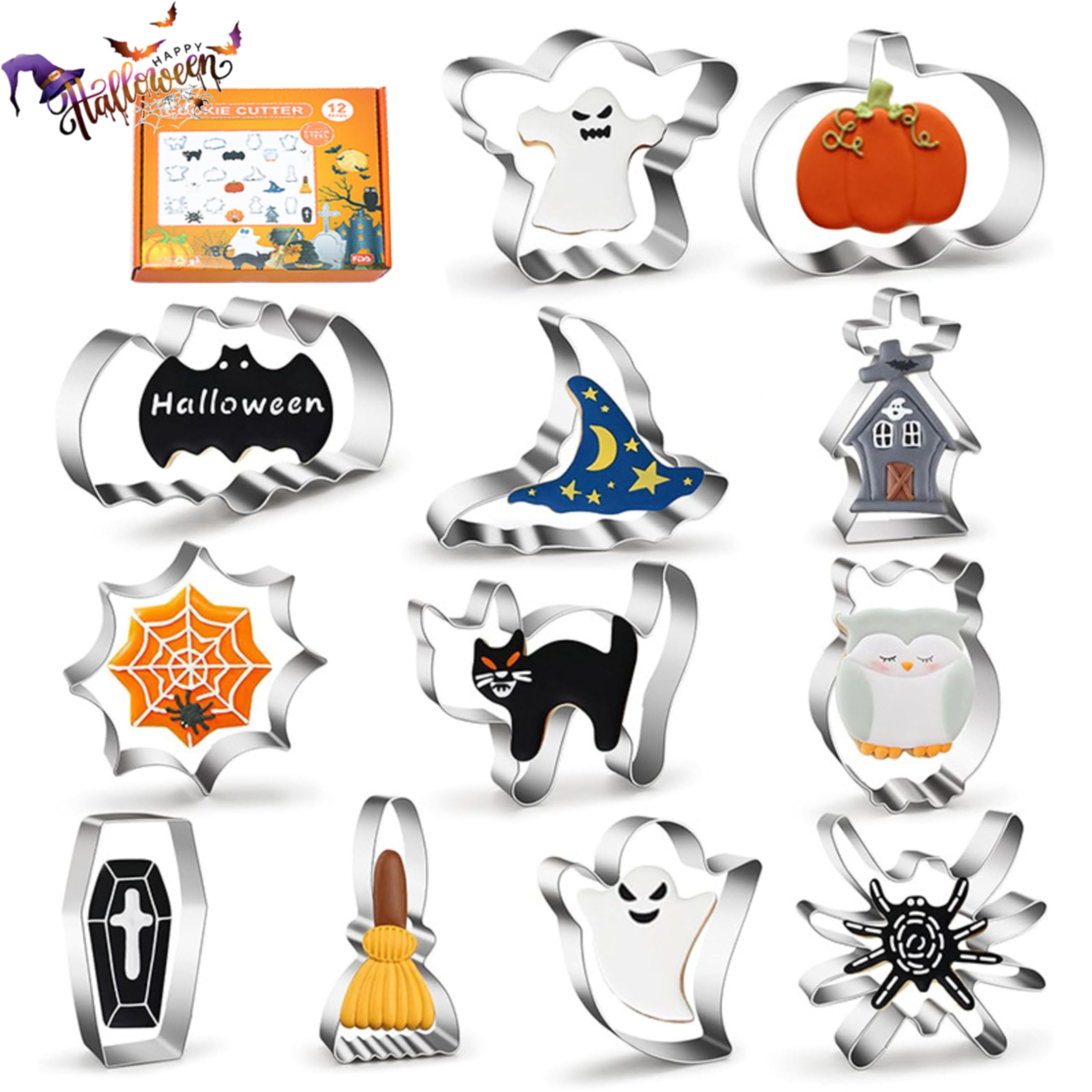 NESLIN 12pcs Halloween Cookie Cutters Shapes, Stainless Steel Biscuit Cutters - Halloween Cookie Cutters for Kids, Ghost, Bat, Pumpkin, Cat, Witch, Spider Molds for Halloween Party Decorations
