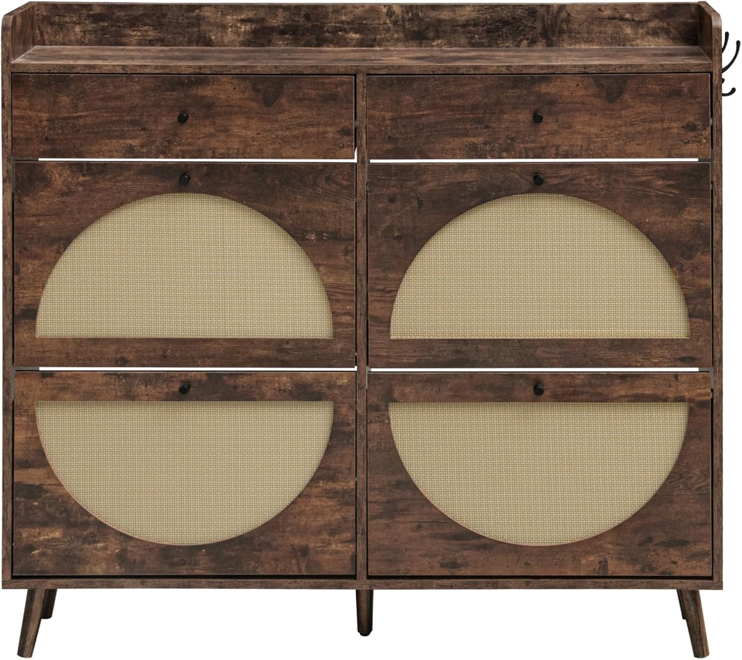 Front view of the ZeHuoGe Large Rattan Accent Shoe Cabinet in rustic brown.