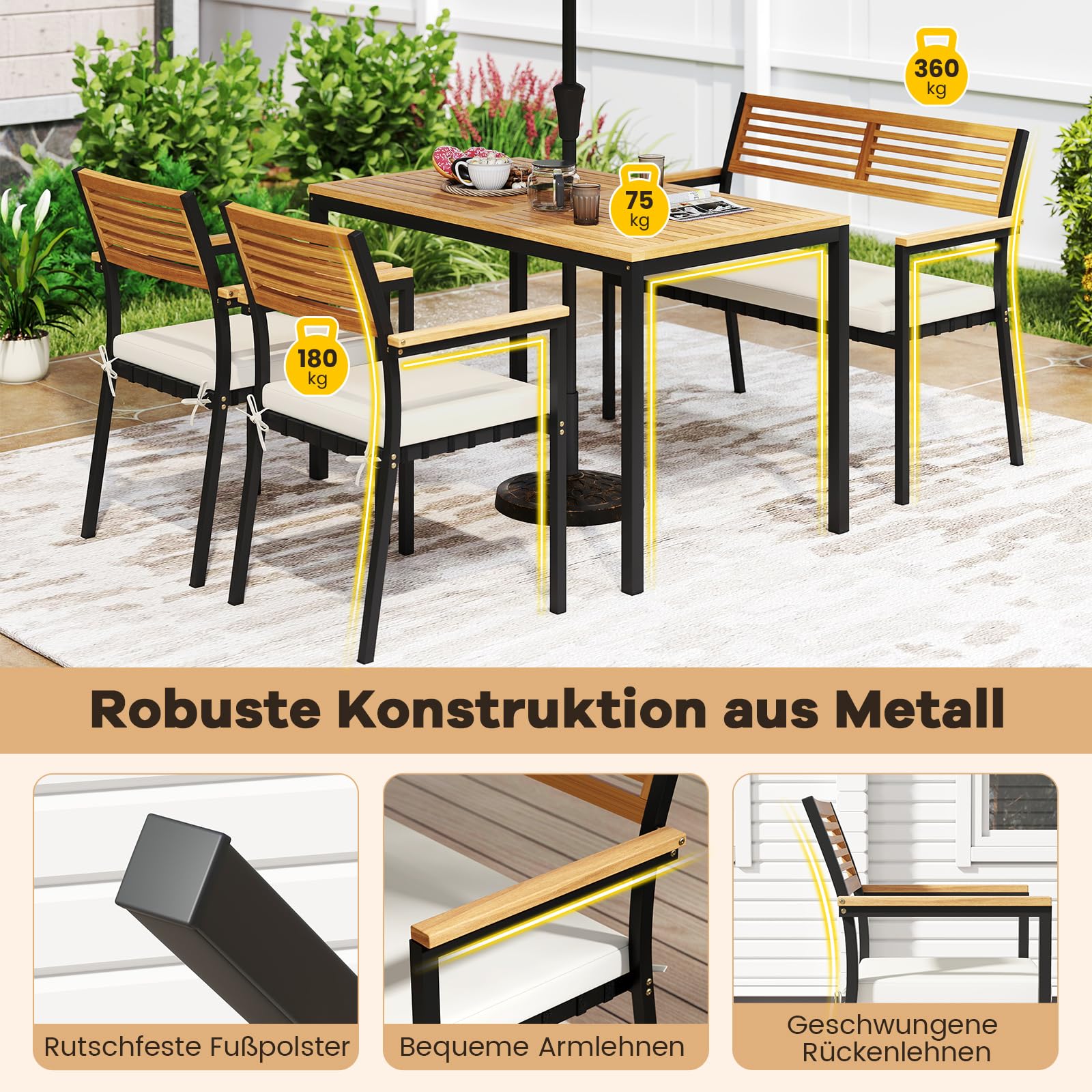 COSTWAY Gartenmöbel Set, Terrassenmöbel inkl. Gartentisch mit Schirmloch, Sitzbank & 2 stapelbare Gartenstühle mit Kissen, Sitzgruppe für 4 Personen, Gartengarnitur, Sitzgarnitur, Outdoor Essgruppe
