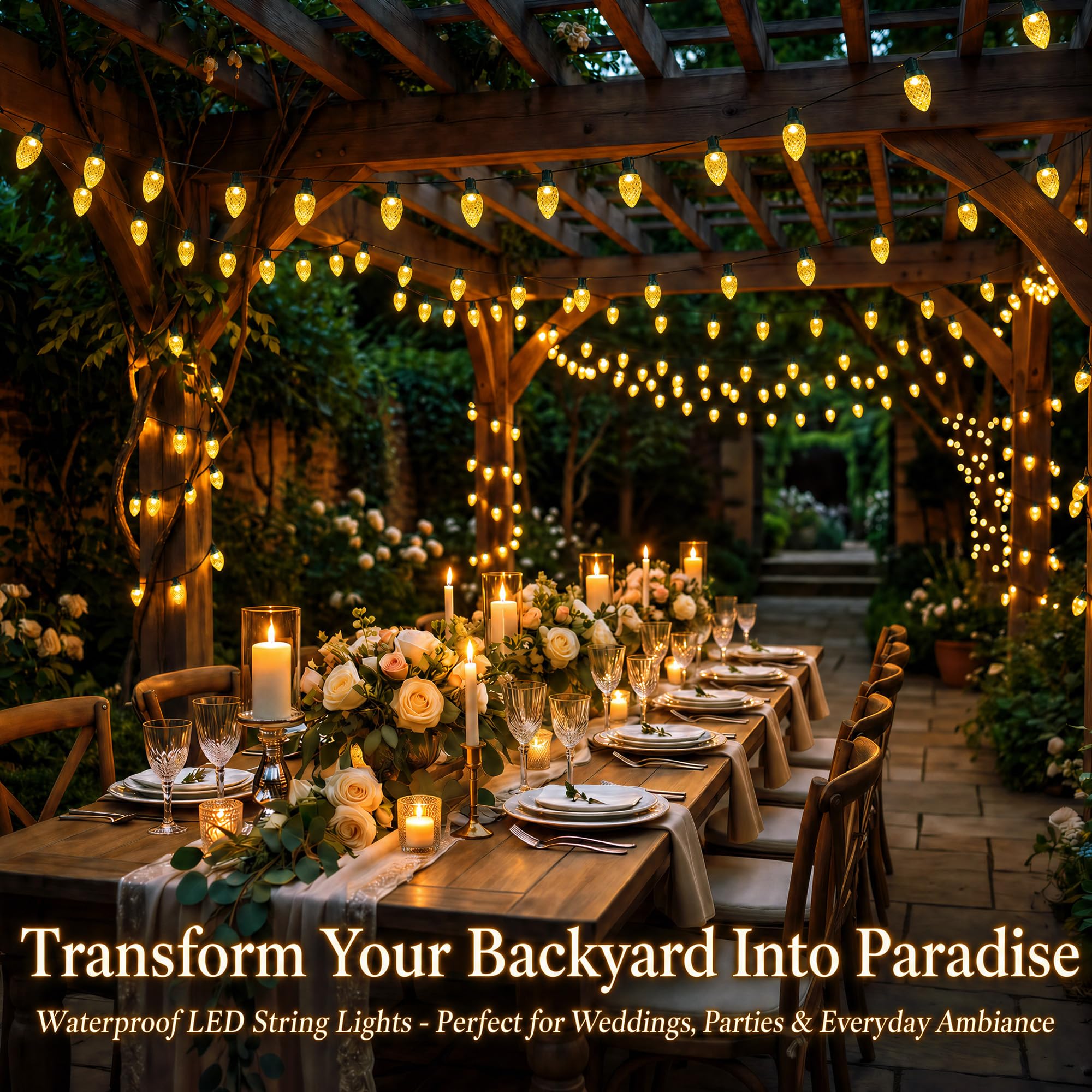 C9 - Guirnalda de luces LED de Navidad alimentadas por energía solar, 50 luces LED impermeables de fresa con 8 modos de iluminación de alambre verde para decoración de patio exterior, boda