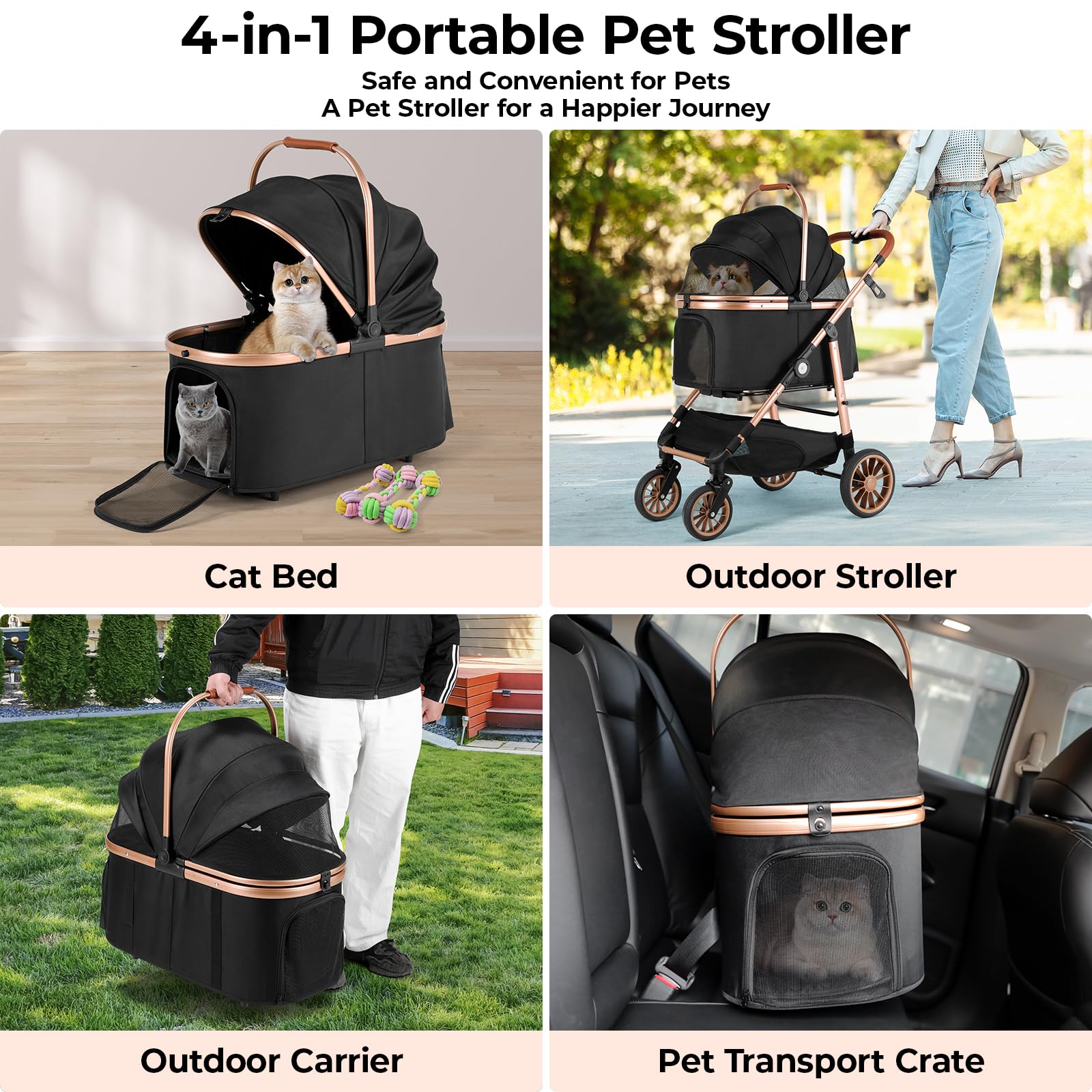 MAMIZO Passeggino per Cani 4 in 1, fino a 25 kg, passeggino per cani con 4 PCS ruote gomma 360° ammortizzate, Pieghevole, finestre a rete cinture sicurezza, borsa per il trasporto per cani, Nero