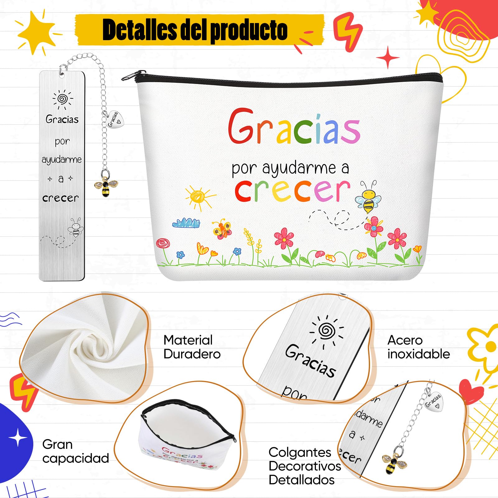 Sinmoe Regalos de Agradecimiento para Profesores Incluir Cuaderno A6 Bolsa de Cosméticos Marcapáginas con Colgante Gratitud Tarjeta de Agradecimiento Doblada(Ayudarme A Crecer)