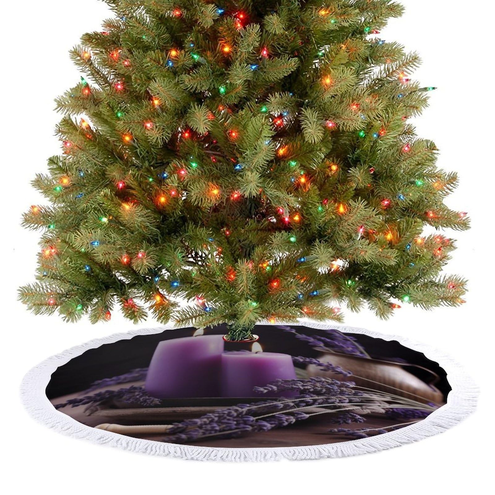 Purple Lavender with Candles Christmas Tree Skirt 30"x30" Rustic Xmas Tree Mat with Tassel Ornament Christmas Trees Cover Skirt Mat for Evergreen Trees Ornament Winter Holiday Mats Decorations