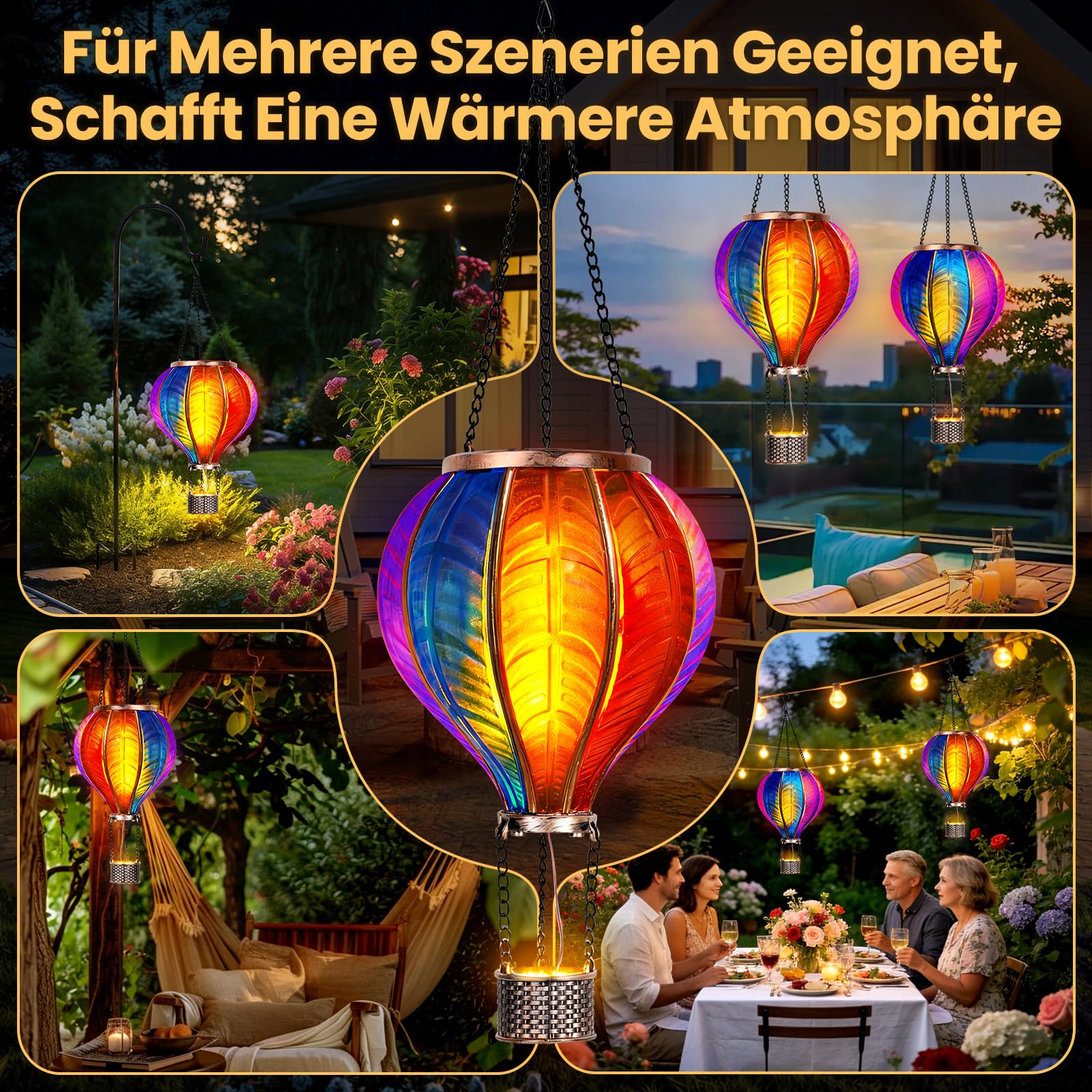 JONRRYIN 2er Solar Heißluftballon, Extra Groß 46,5x13,8 cm Solarlaterne für Außen, Heißluftballon Deko, Windlicht mit Flammeneffekt für Garten, Terrasse, Balkon & Rasen, Metall & Kunststoff (Solar)