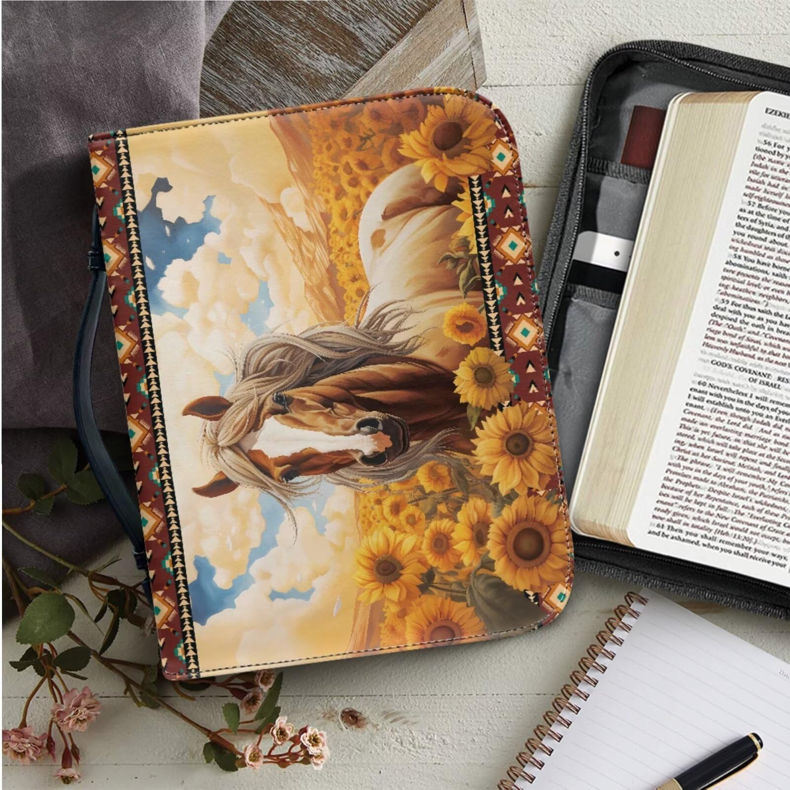 COEQINE Lot de 7 housses de protection en cuir pour femme avec poignée – Motif tournesol – Lot de 6 marque-pages et étui marron pour la Bible