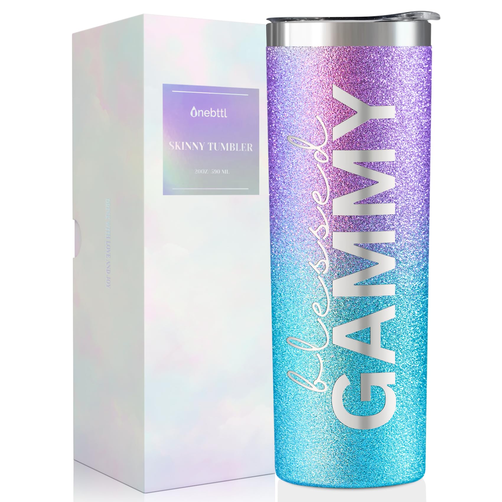 Onebttl Gammy Gifts for Grandma's Mother's Day, 20oz Purple & Blue Glitter Skinny Tumbler, Straw & Lid Included, Christian Gifts for Blessed Gammy