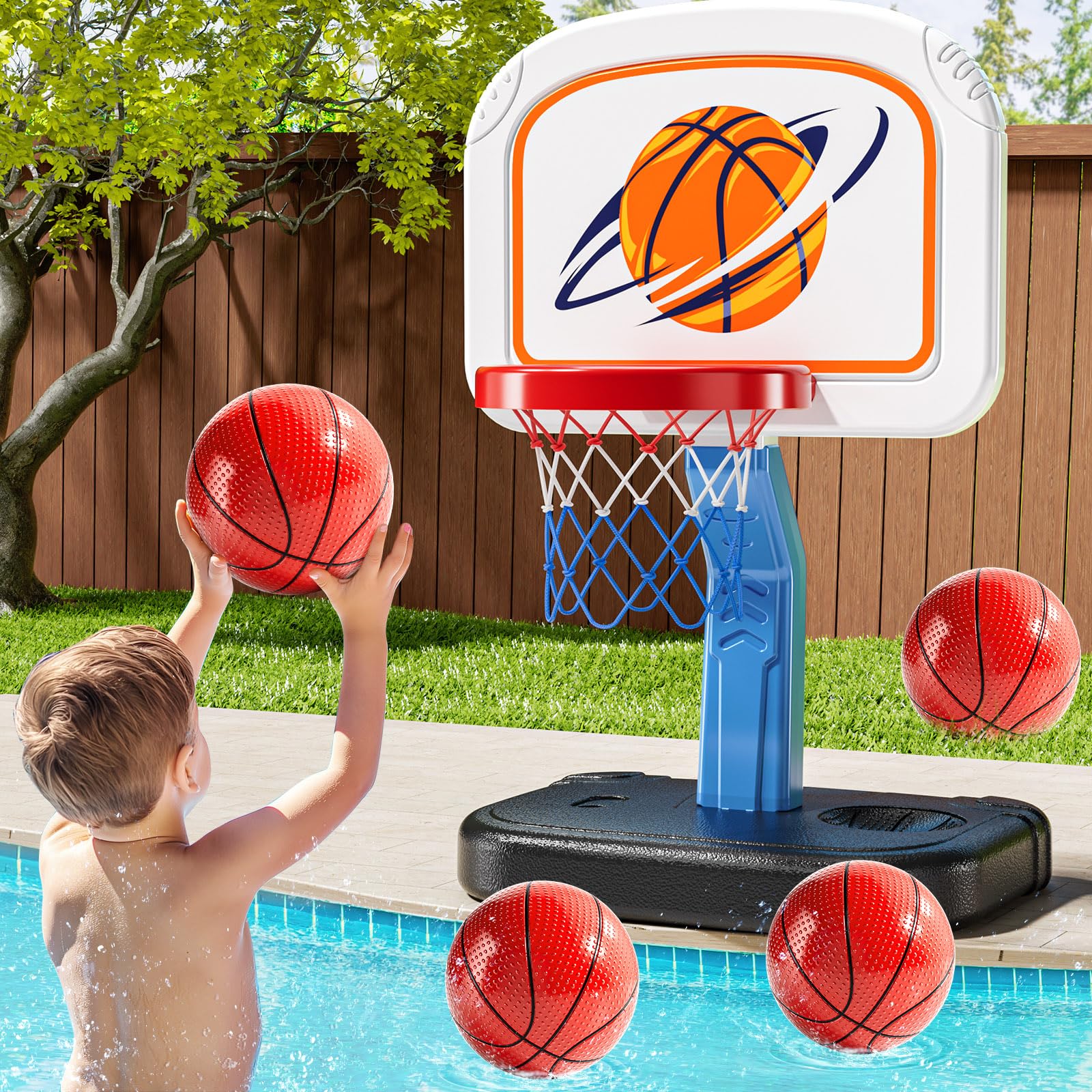 NIPLOOOW Swimming Pool Basketball Hoop, Adjustable Height Toddler Basketball Hoop, Includes 4 Balls and Pump, Poolside Water Basketball Indoor &