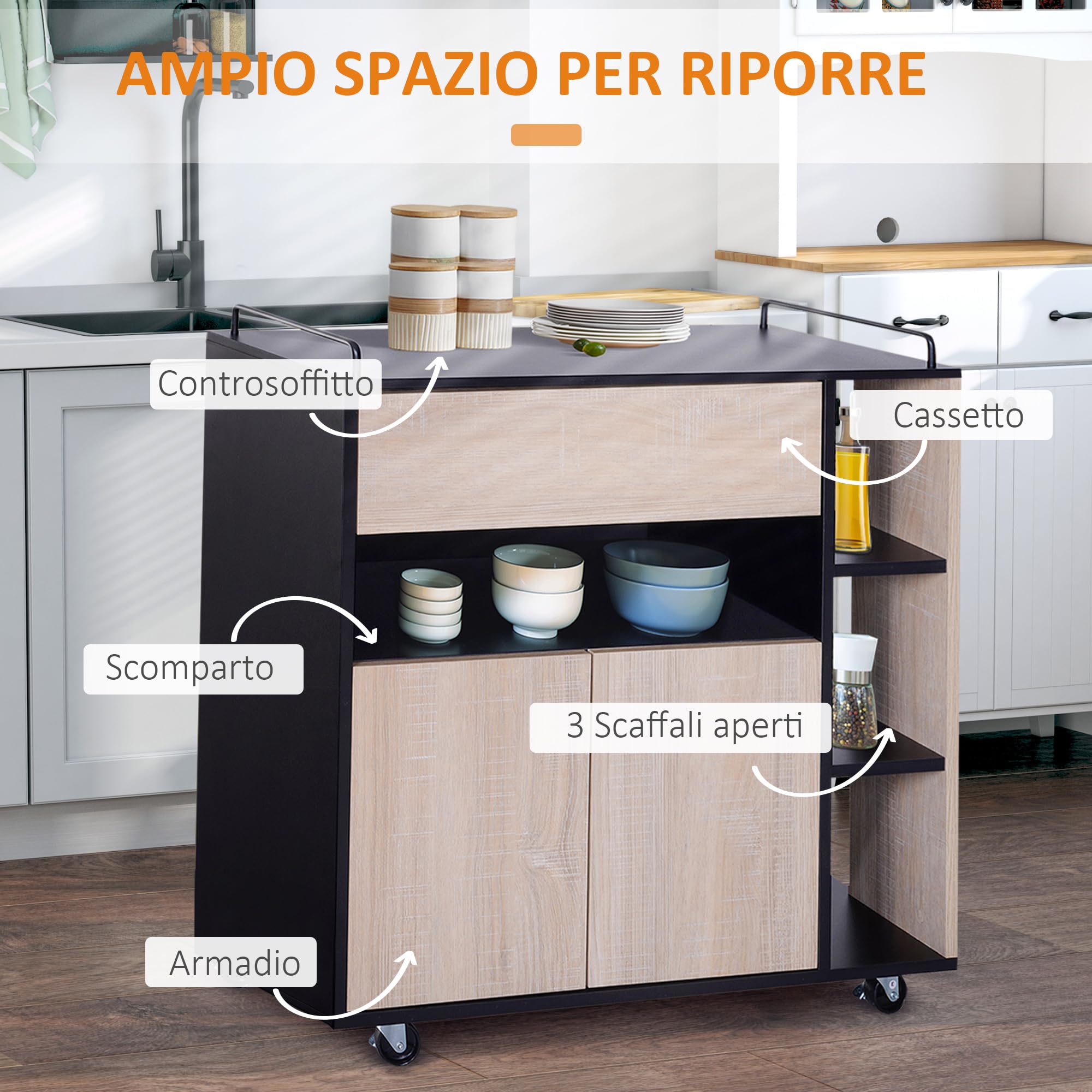HOMCOM Carrello da Cucina Multiuso Moderno con Ruote 76,5x40x82cm Rovere | Cassetto, Anta in Legno