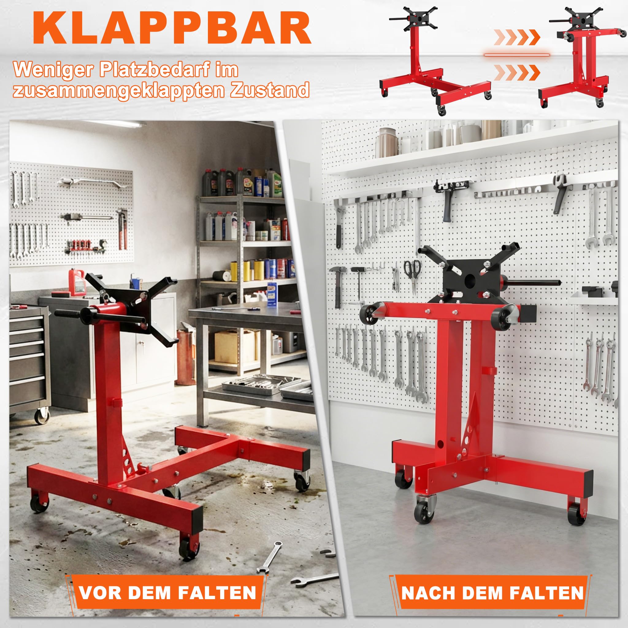 Froadp Motorständer Motorheber, Belastbar bis 680 kg, 360° Drehbar mit Haltearm, Getriebeheber Hydraulisch Stabil, Getriebehalter mit Rollen, Werkstatt Motor Reparaturständer für Auto und LKW, Rot