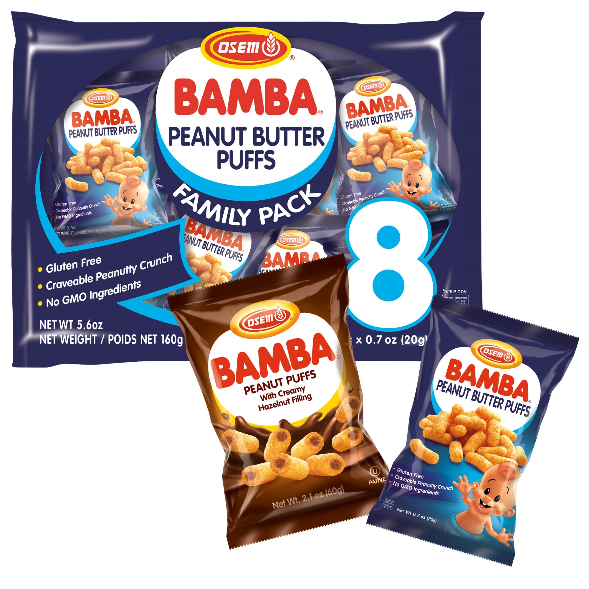 Osem Bamba Peanut Butter Puffs (Original and Hazelnut Bundle) All Natural Peanut Puffs Family pack + 1 2.1oz Bag of Hazelnut Bamba