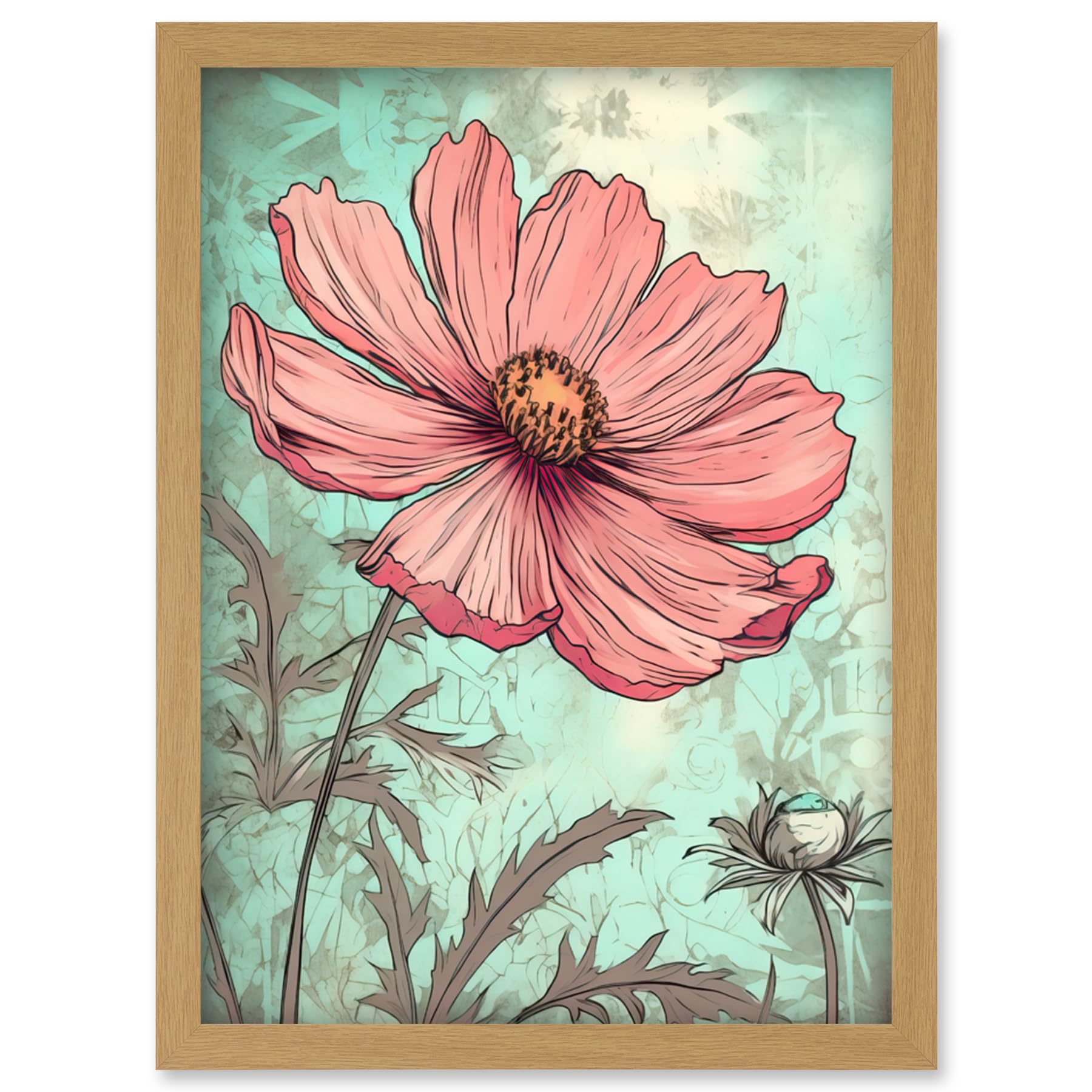 Artery8 Cosmos Flower Bloom Soft Pink and Teal Watercolour Artwork Framed Wall Art Print A4