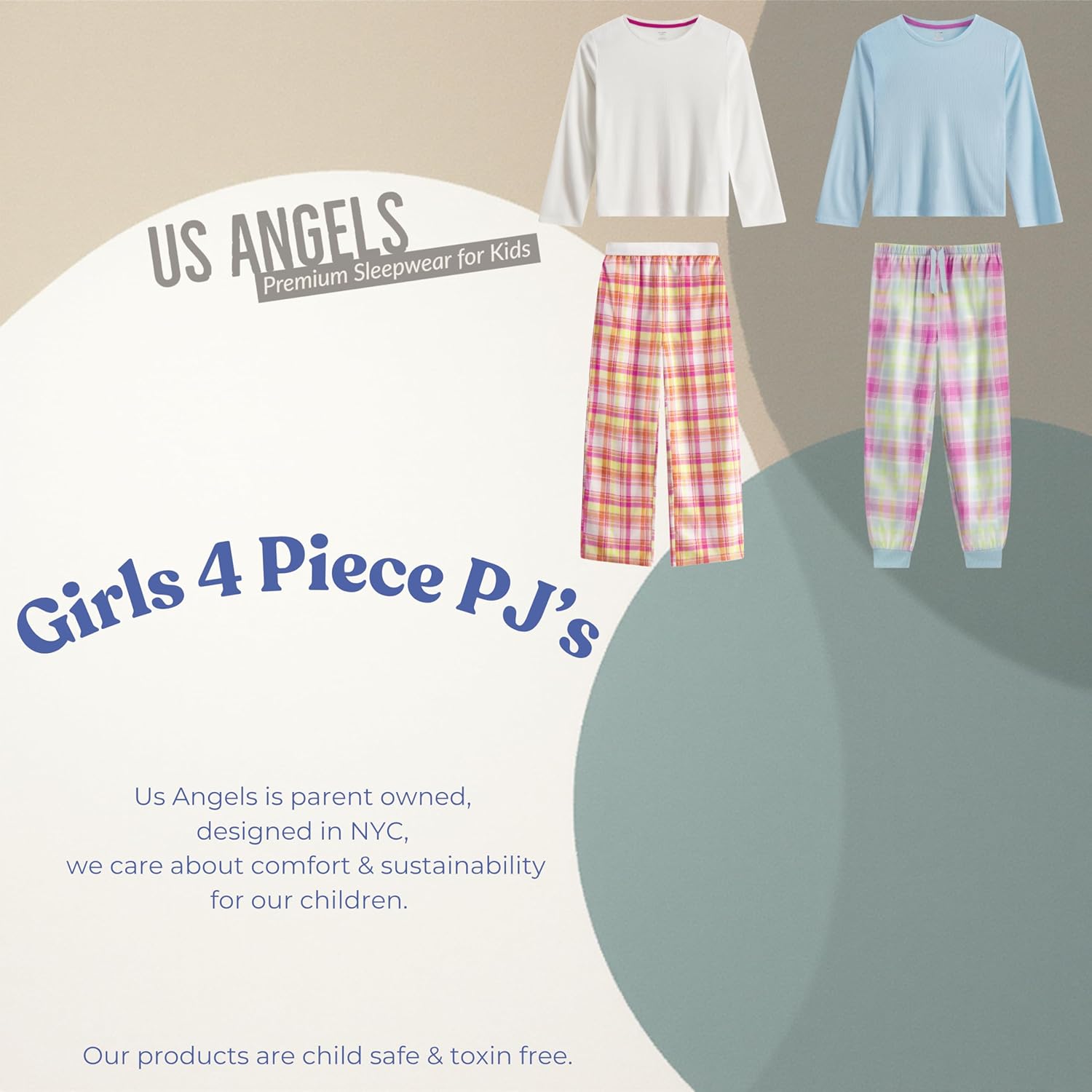 US Angels Girl's Pajama Sets, 4-Piece Pajamas for Girls - Long Sleeve Shirt, Plaid Microfleece Pants