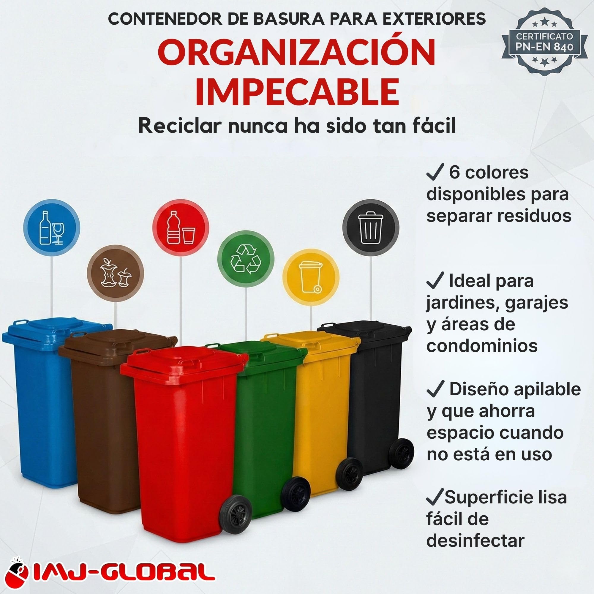 IMJ-Global - Cubo de Basura Alto Grande 120 Litros PN-EN 840 con Ruedas y Sistema de Enganche Mecánico de Recogida, Cubos de Basura de Reciclaje Contenedor Basurero en Plástico (Verde)