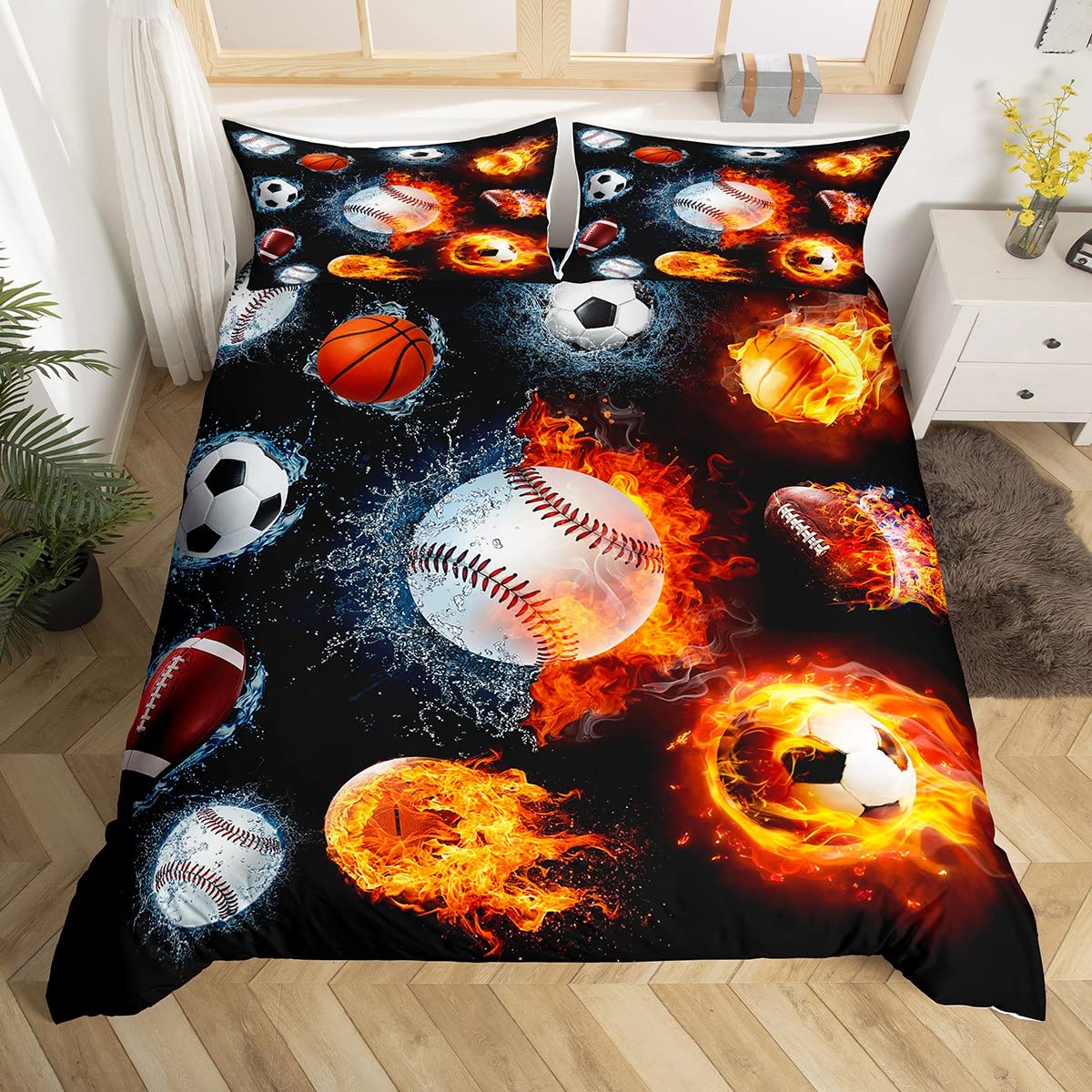 Homemissing Baseball Duvet Cover Junior/Cot Bed Sports Bedding Set for Teen Boys Kids,Soccer Basketball Rugby Red Orange Blue Water Fire Flame Bedroom Decor 1 Pillow Cases โ image 1