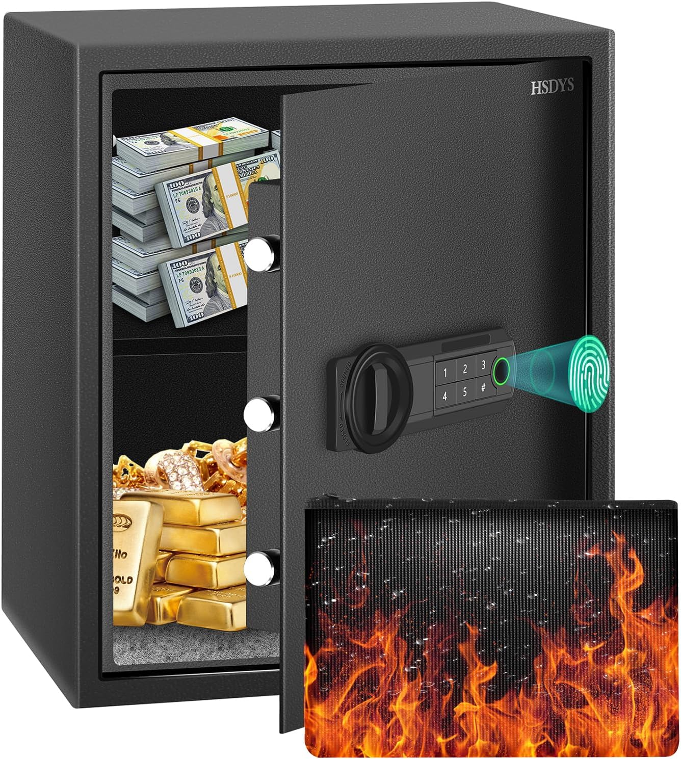 HSDYS 1.9 Cubic Home Fingerprint Safe with Fireproof Waterproof Bag, Security Safe Box with Fingerprint Lock & Digital Keypad, Large Steel Lock Safe Fireproof for Money Jewelry Documents
