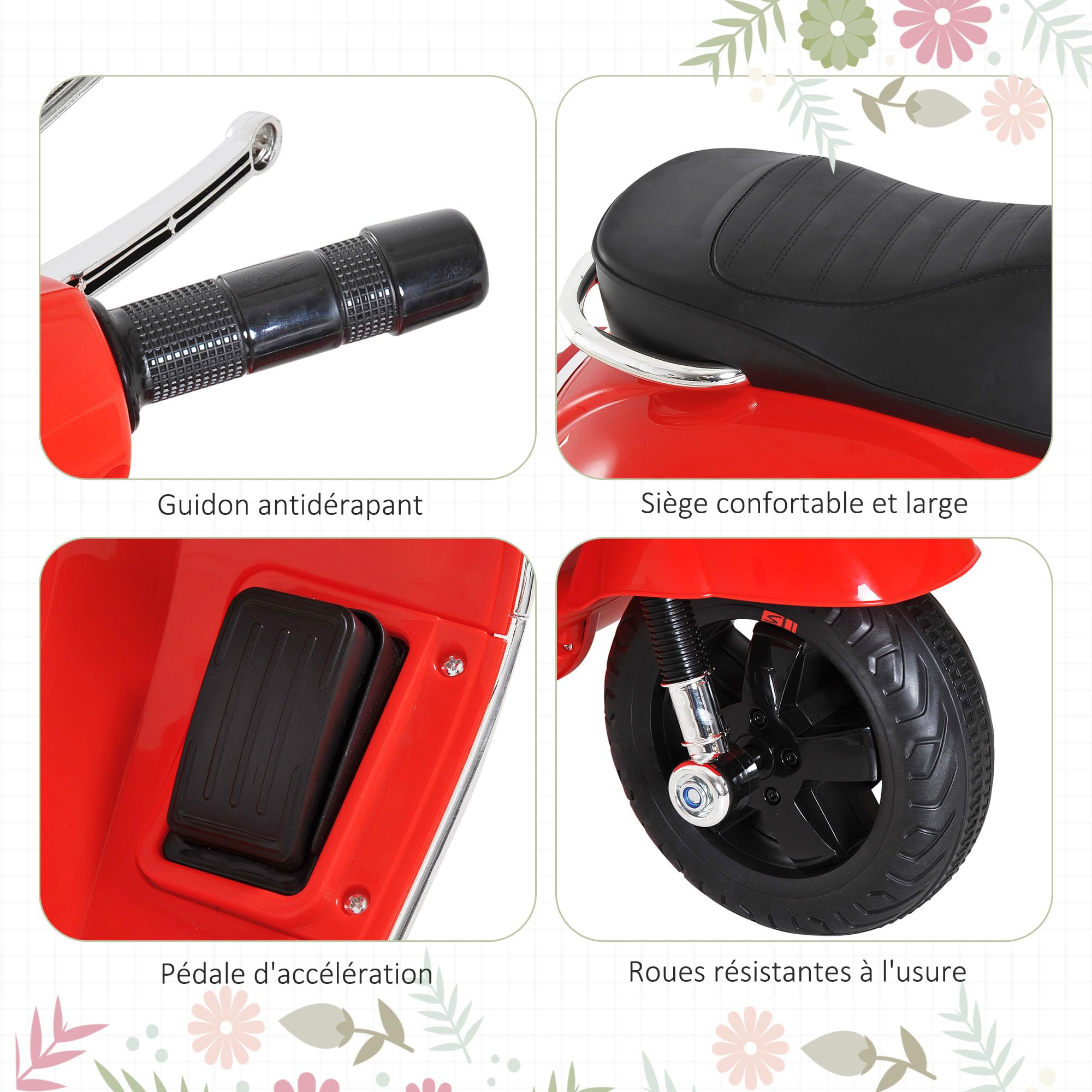 HOMCOM Vespa Scooter Moto électrique Enfants 6 V dim. 102L x 51l x 76H cm Musique MP3 Port USB klaxon Phare feu AR Rouge