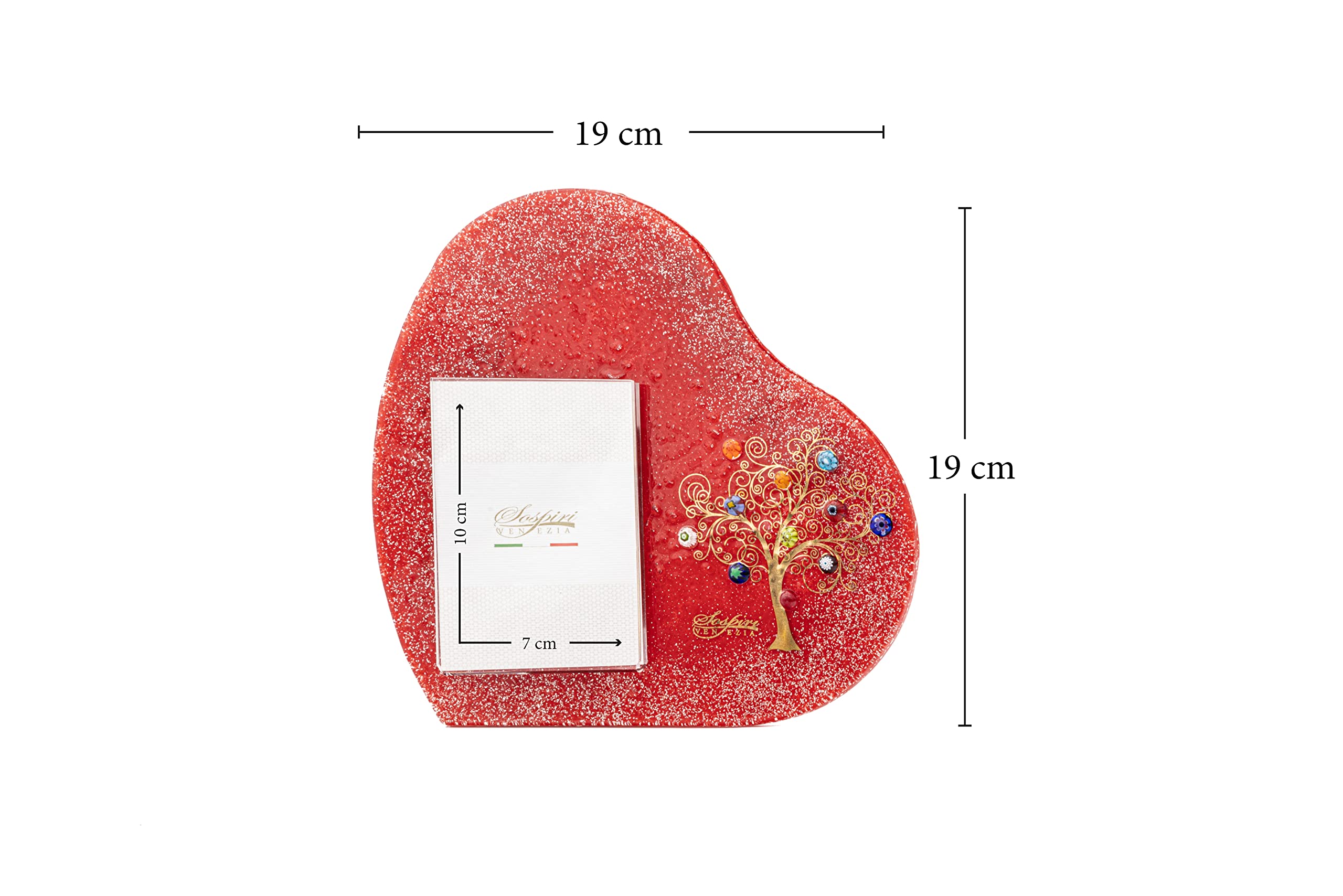 Sospiri Venezia Ramka na zdjęcia ze szkła Murano, ramka w kształcie serca, dekoracja drzewo życia z murrynną, stojak na stół lub biurko zdjęcie 7 x 10 cm, pomysł na prezent, Made Italy (cm19 x 19)