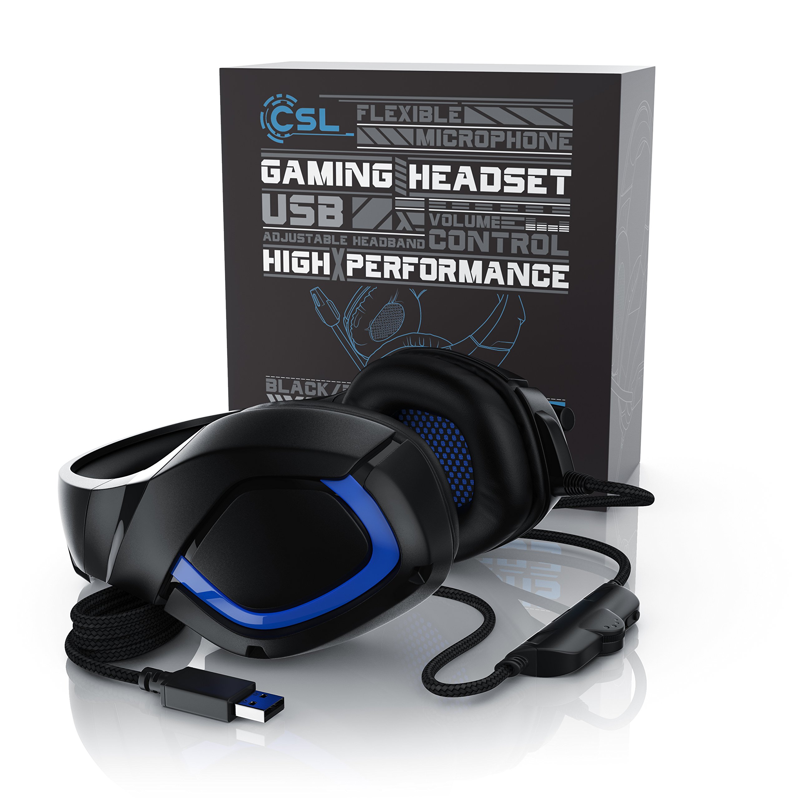 CSL - USB Gaming PC Headset mit Mikrofon - Kabelfernbedienung Externe Soundkarte - Mikrofon flexibel einklappbar - für Gaming Musik Internet-Telefonie - LED-Beleuchtung - für PC Mac