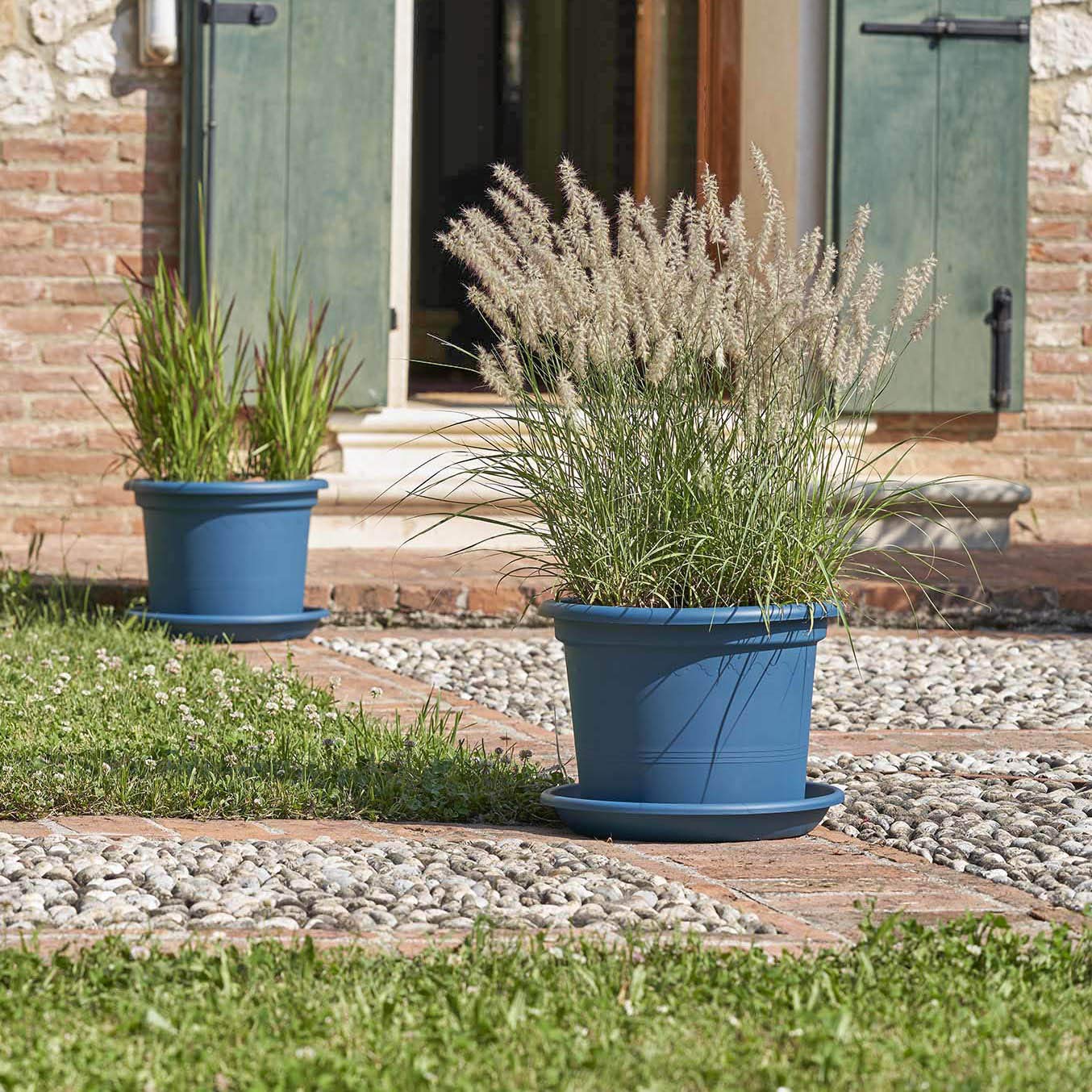 Euro3plast Geo Blumentopf mit Untersetzer 12 Größen und 9 Farben zur Wahl (30 cm, Petrol-Blau)
