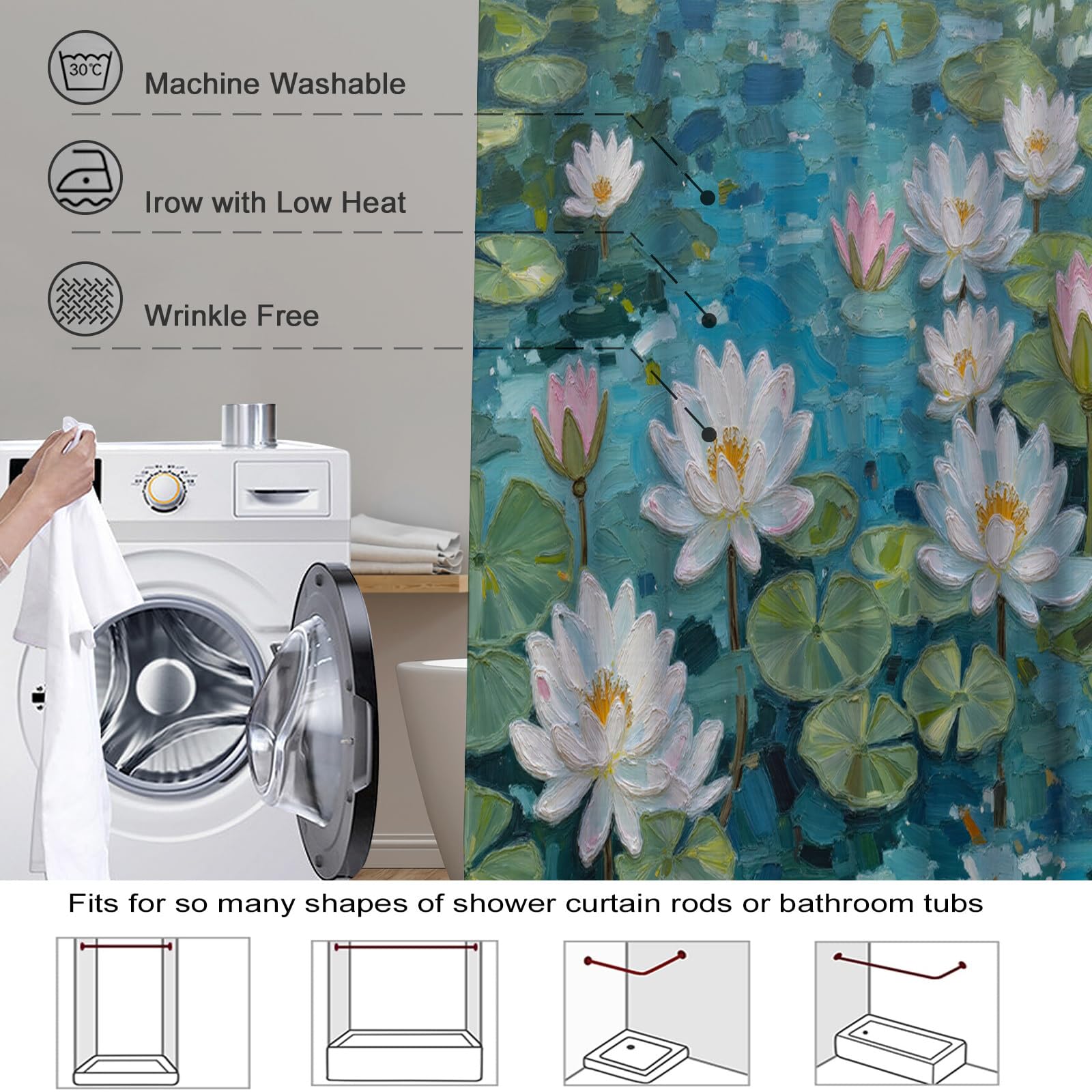 Rideau Douche,Rideau Baignoire Lavable en Machine Rideaux Douche Tissus Lavable Rideau De Baignoire Lavable pour Salle De Bain Domicile Baignoire Famille,Feuilles De Nénuphar,