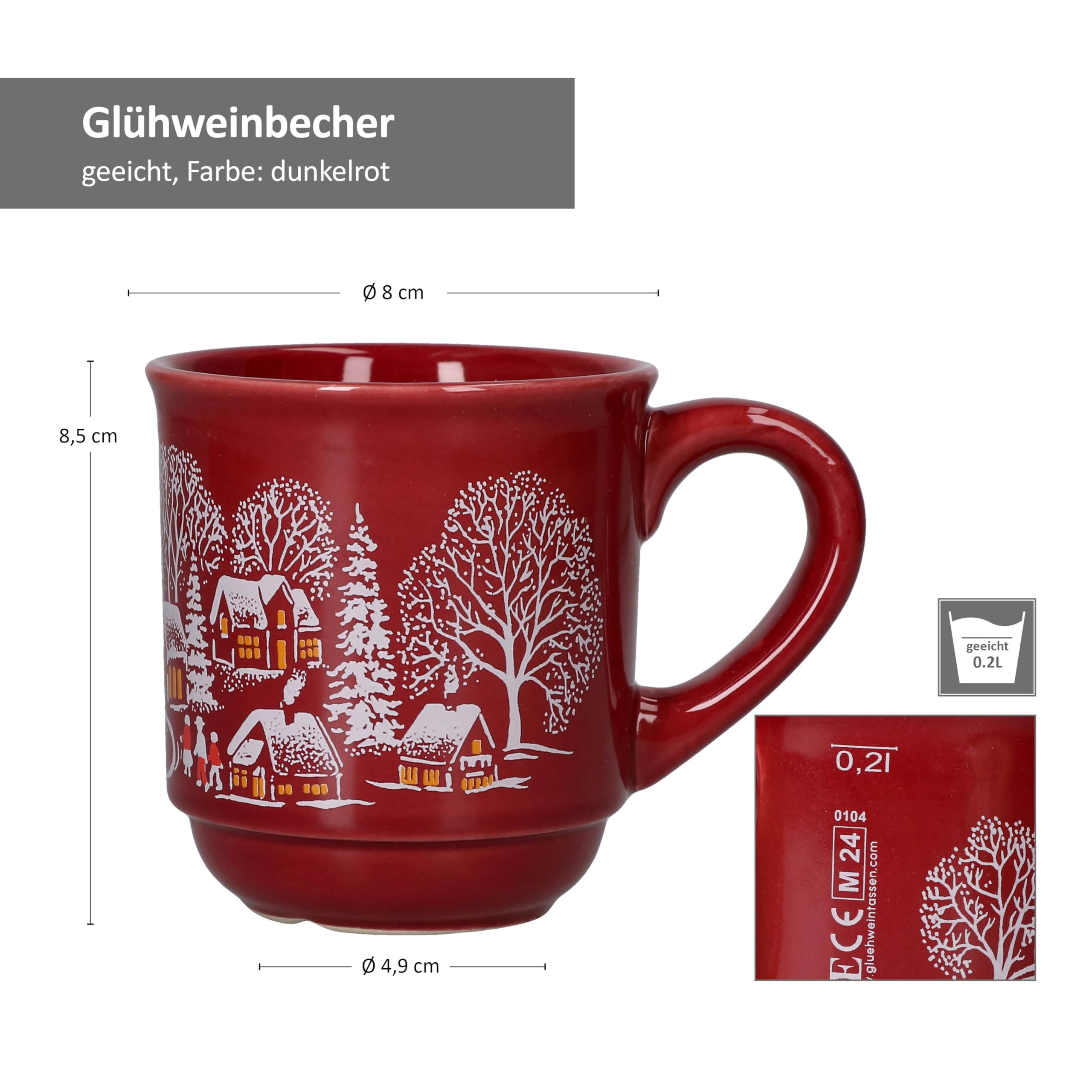MamboCat 36er Set Glühweinbecher 0,2L mit Eichstrich I Klassische Weihnachtsmarkt Tasse mit Wintermotiv I Glühweintassen mit Henkel I Grosspackung Profi Gastronomiebedarf Becher aus Keramik rot