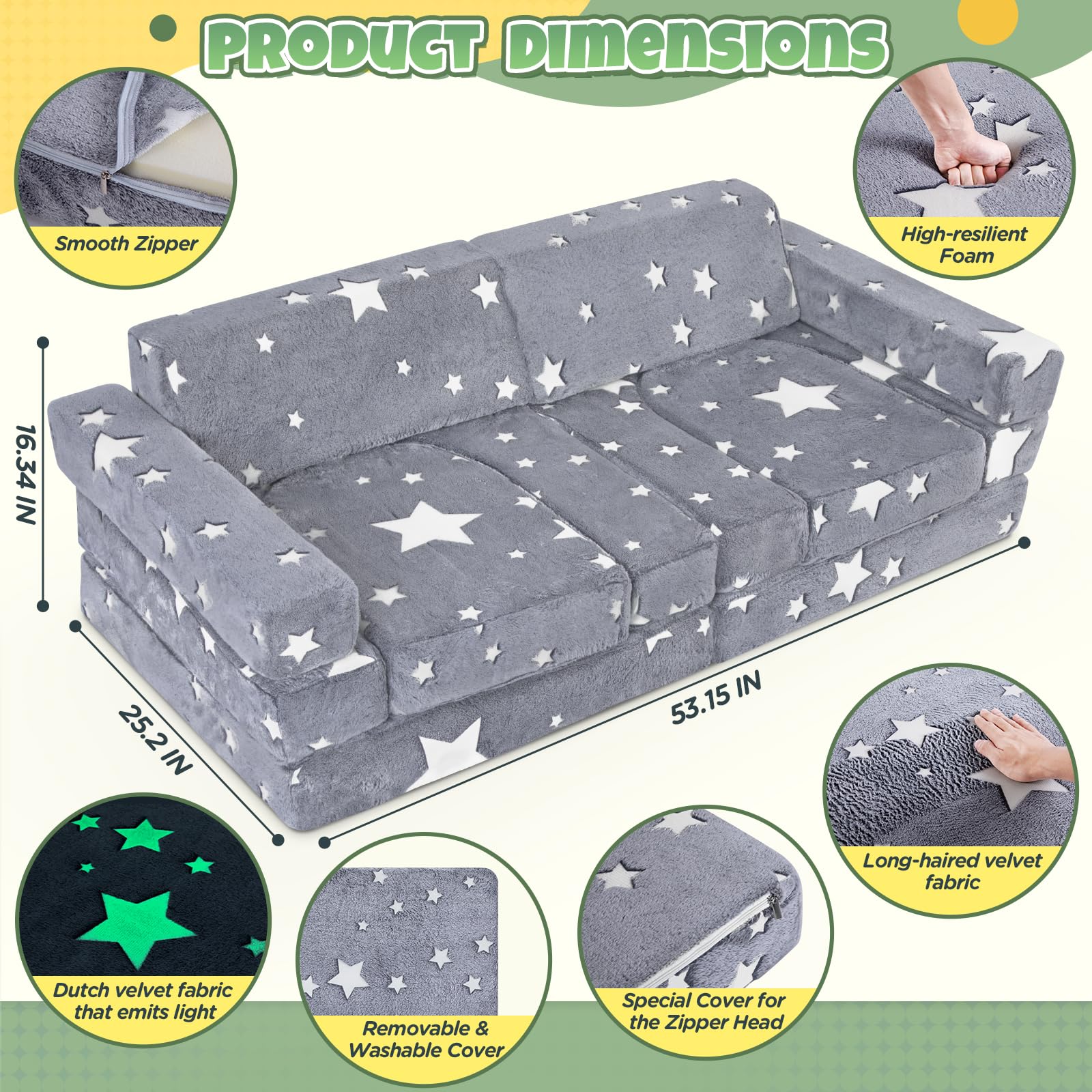 Olasme 13PCS Kids Play Couch, Foam Modular Kids Sofa, Glowing Toddler Couch Convertible Baby Play Sofa for Playroom Bedroom (Gray)