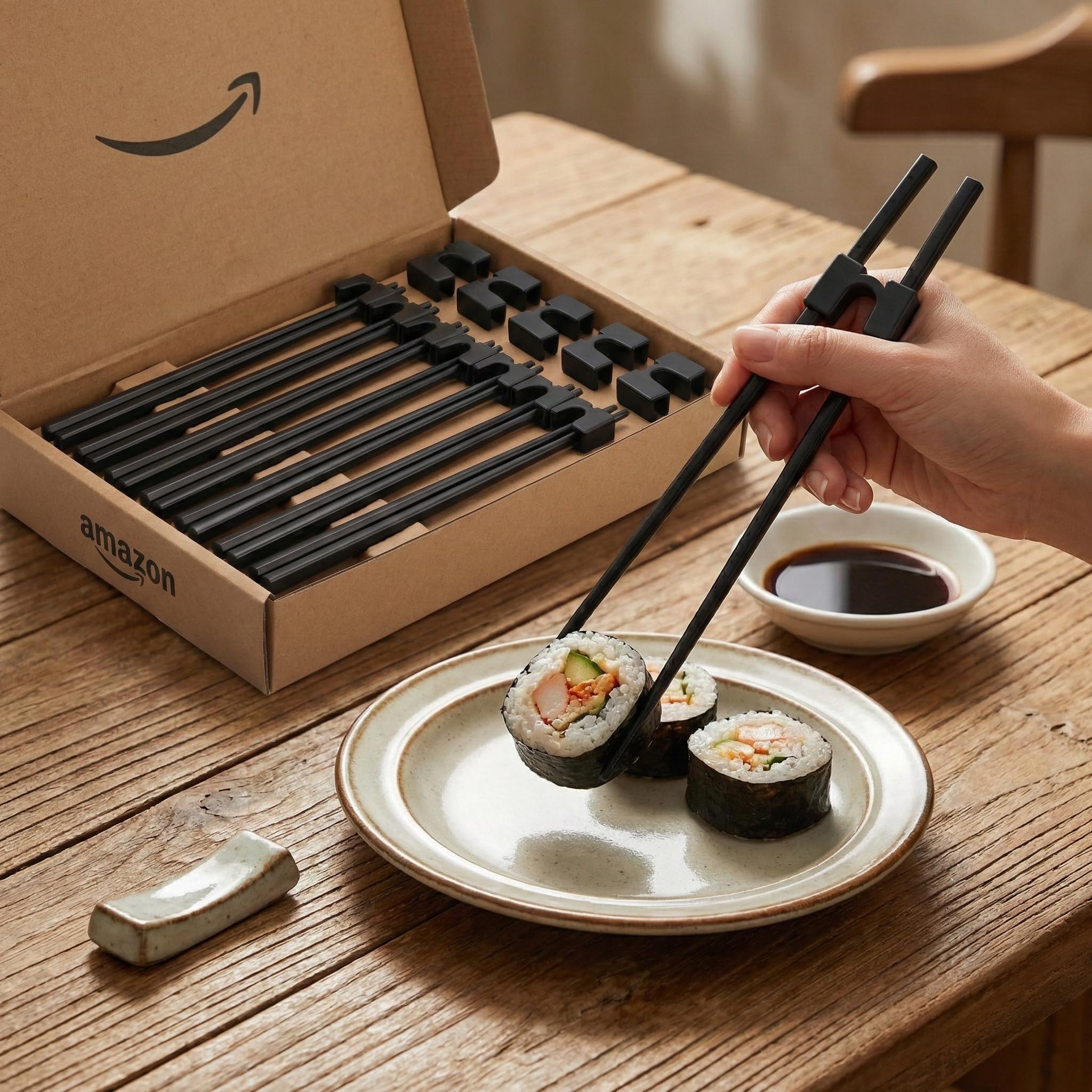 Juego de 8 pares de palillos de fibra de vidrio reutilizables (24 cm) + 8 entrenadores de palillos, palillos antideslizantes de sushi japonés, palillos de aleación negra con bisagra de plástico p