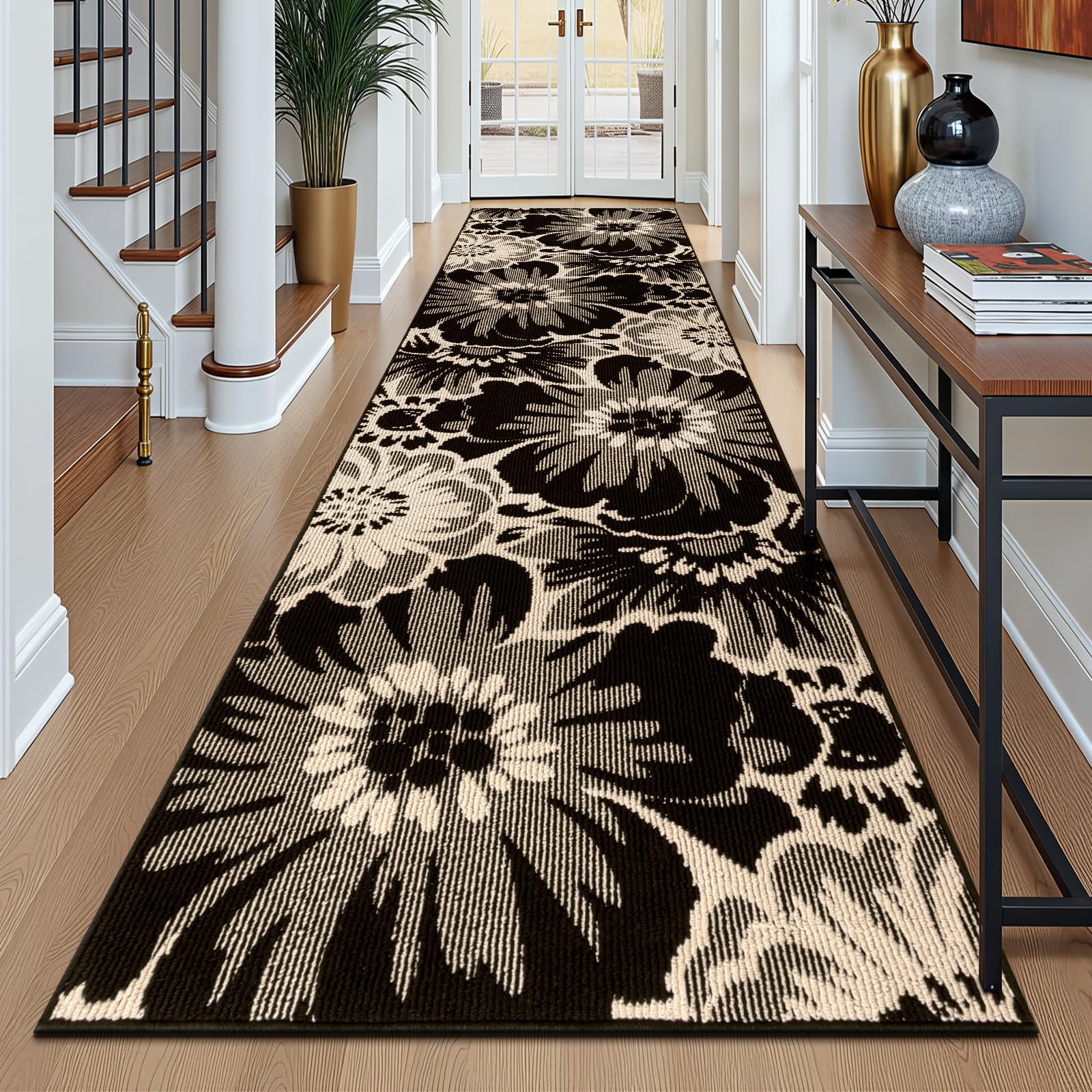 Läufer Flur Langer rutschfest, Teppich Läufer Waschbar, 80x300cm | Schwarz & Beige, Absorbierend Küchenteppich, Polypropylen, Perfekt für Küche, Eingang, Esszimmer Waschküche