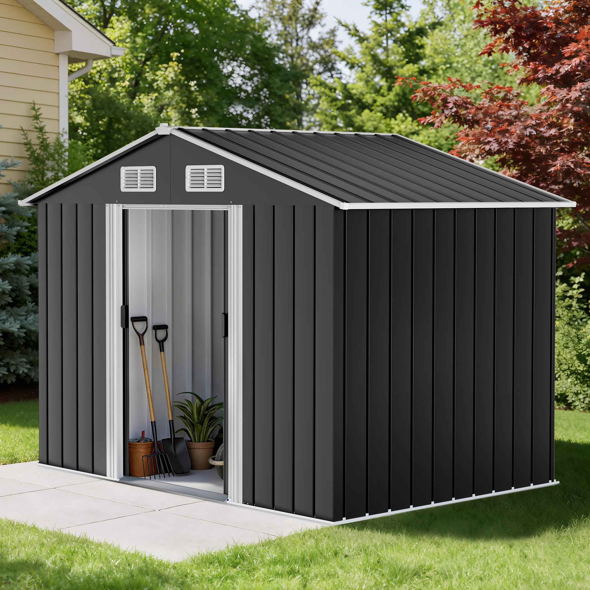 LUXOAK 196x132x187cm Garden Storage Shed, Galvanized Steel, Sliding Door