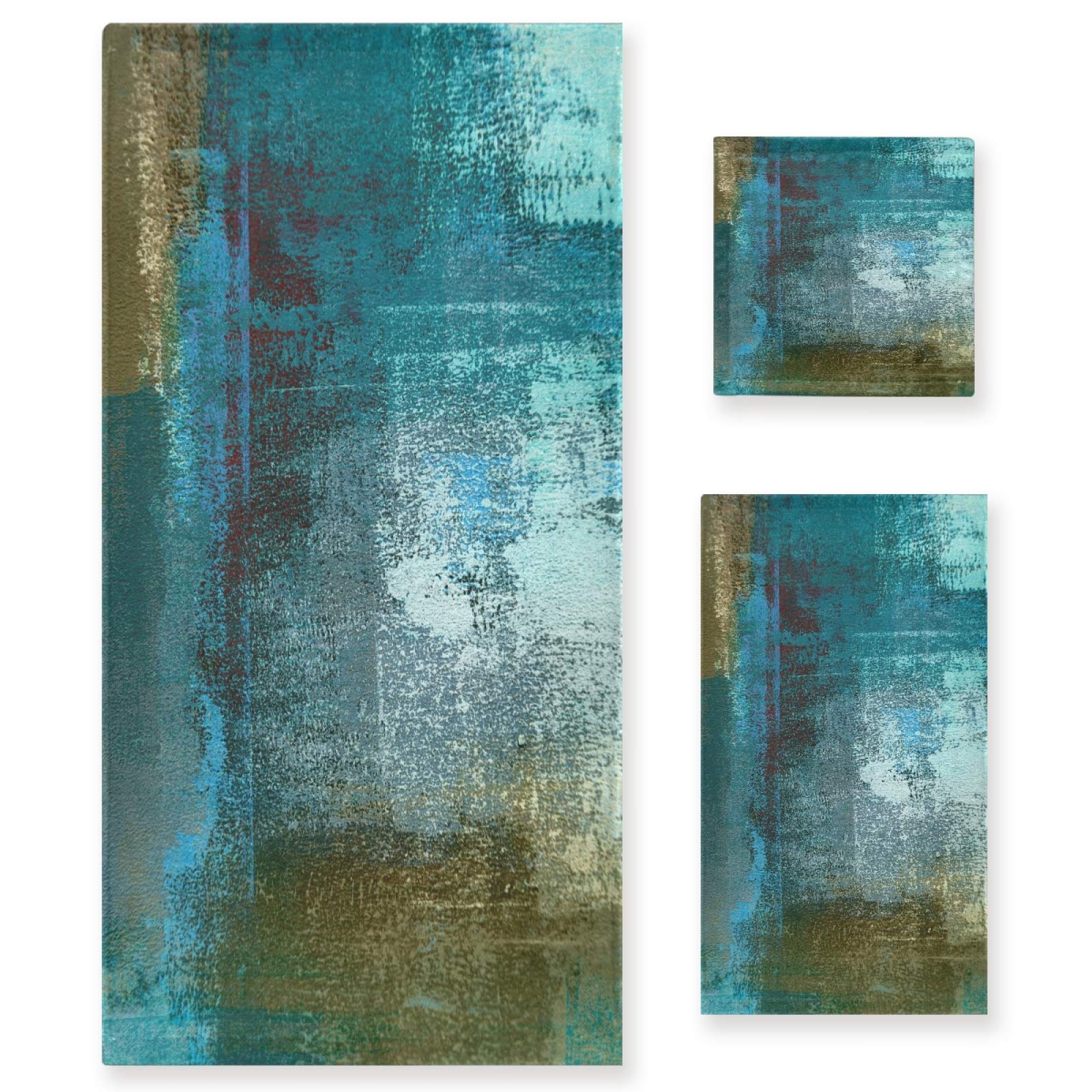 ALAZA Teal and Brown Abstract Art Painting Bath Towel Set Luxury Decorative Set of 3, 1 Bath Towel 1 Hand Towel 1 Washcloth Soft Multipurpose for for