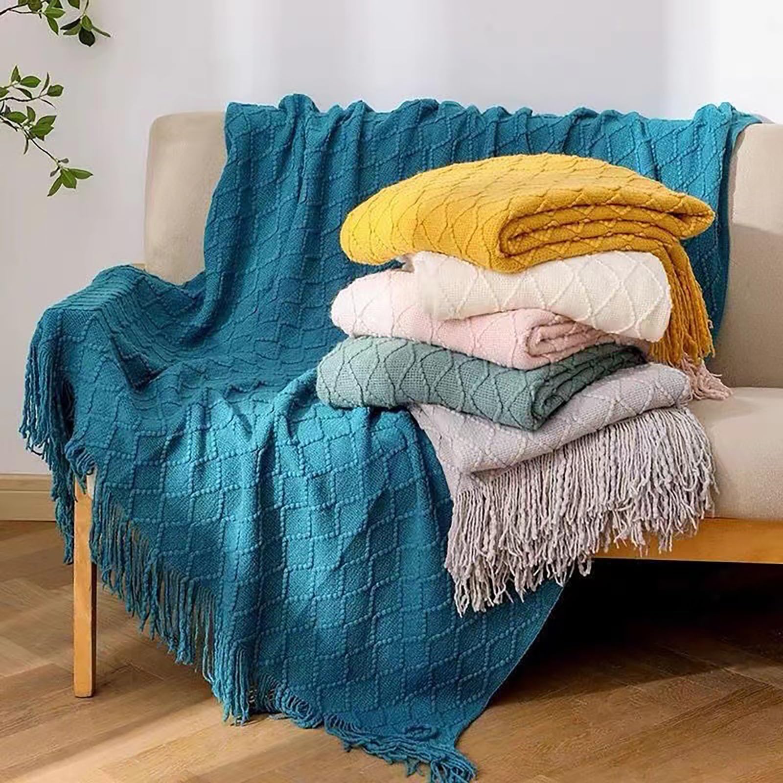 camino de cama Caminos de cama y cojines a juego, bufanda de Hotel, decoración de cojines, fundas de sofá con flecos Jacquard for decoración del hogar y dormitorio)(Blue,130*260cm for 180cm bed)